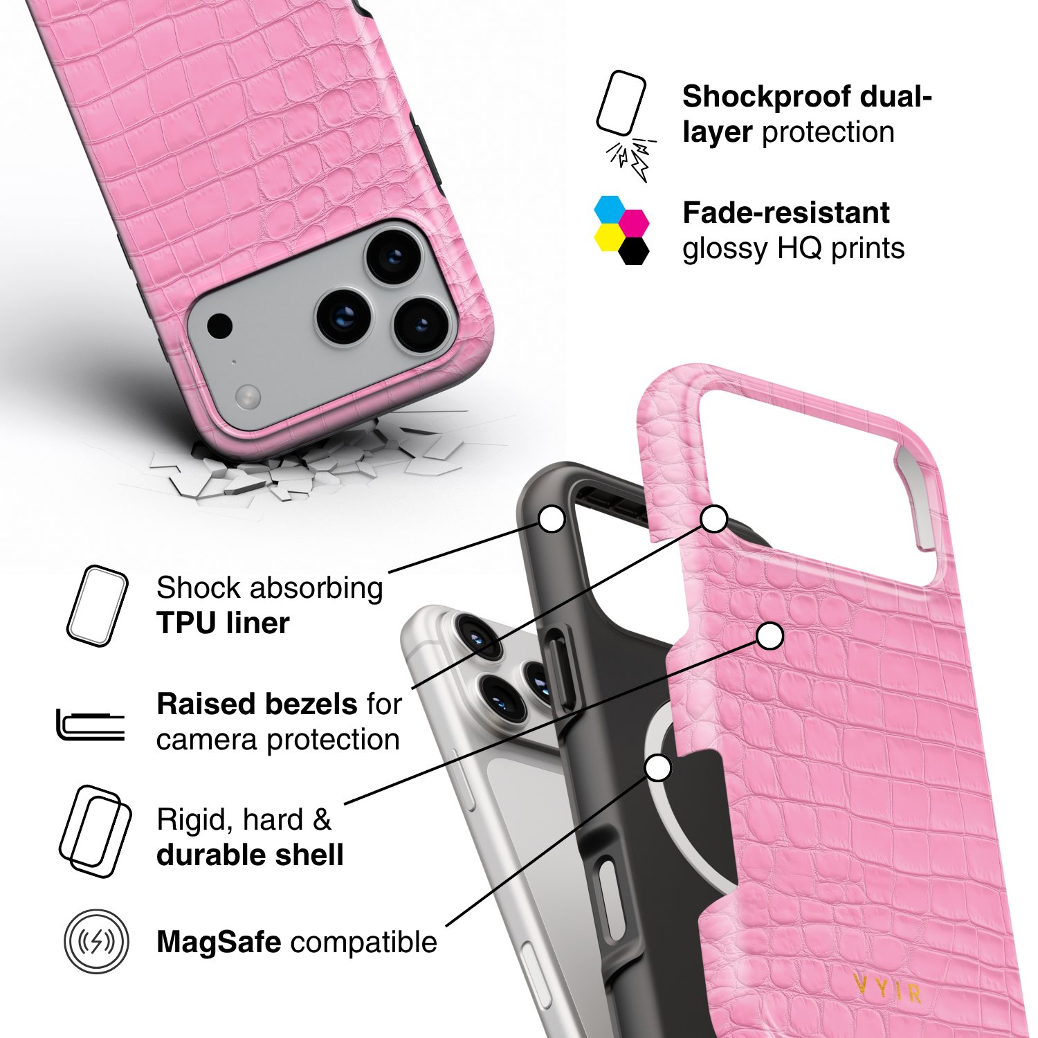 Croc Leather Print Pink - Shockproof MagSafe iPhone Case - VYIR