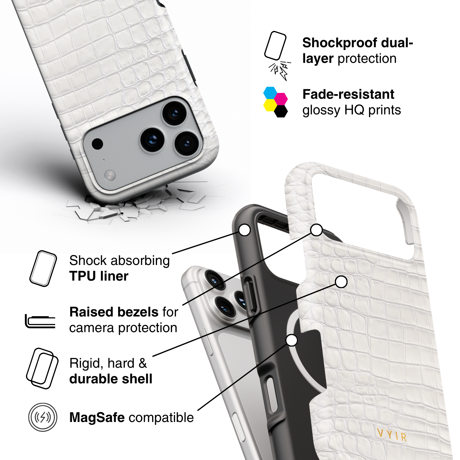 Croc Leather Print White - Shockproof MagSafe iPhone Case - VYIR