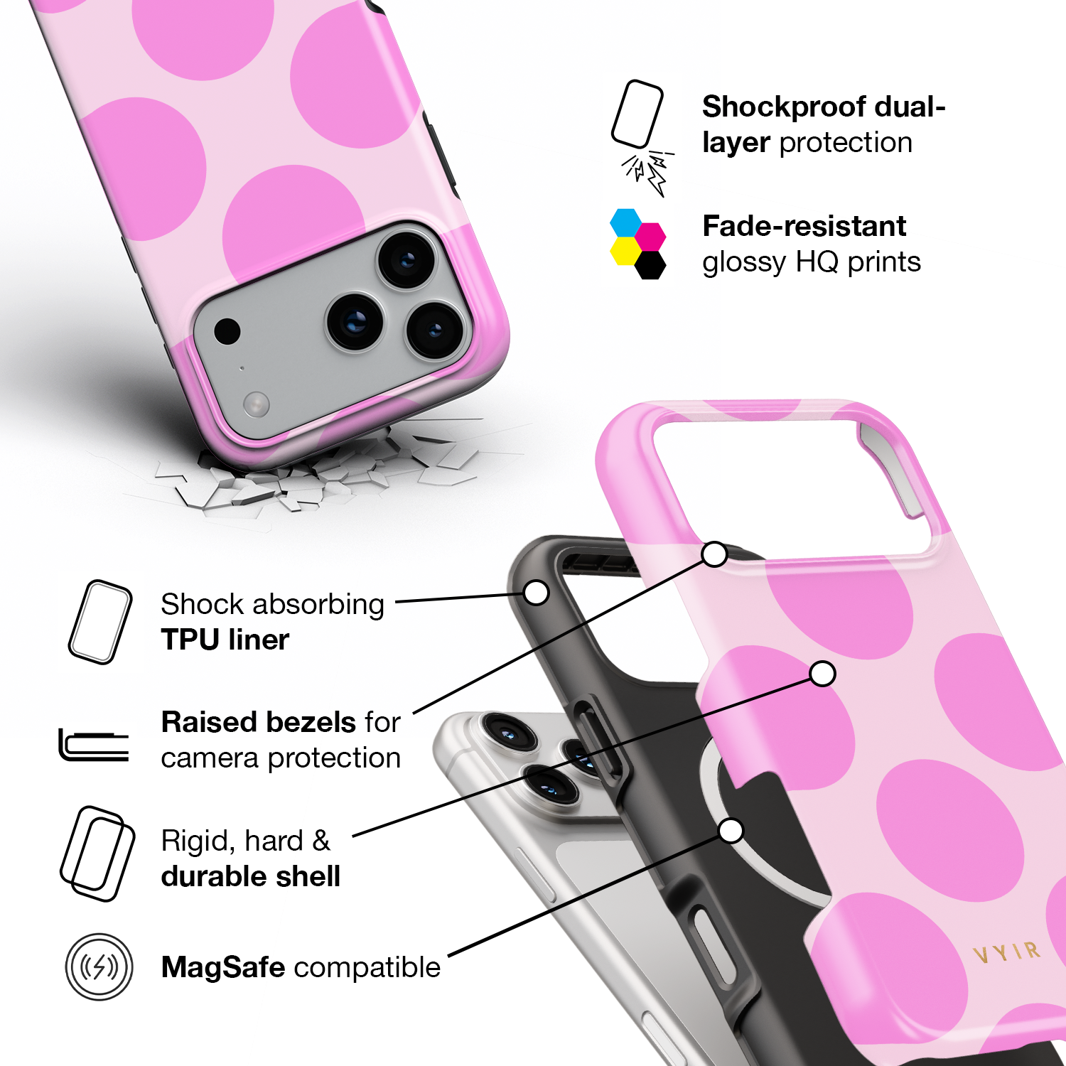 Large Polka Dots, Bubbly Pink - Shockproof MagSafe iPhone Case - VYIR