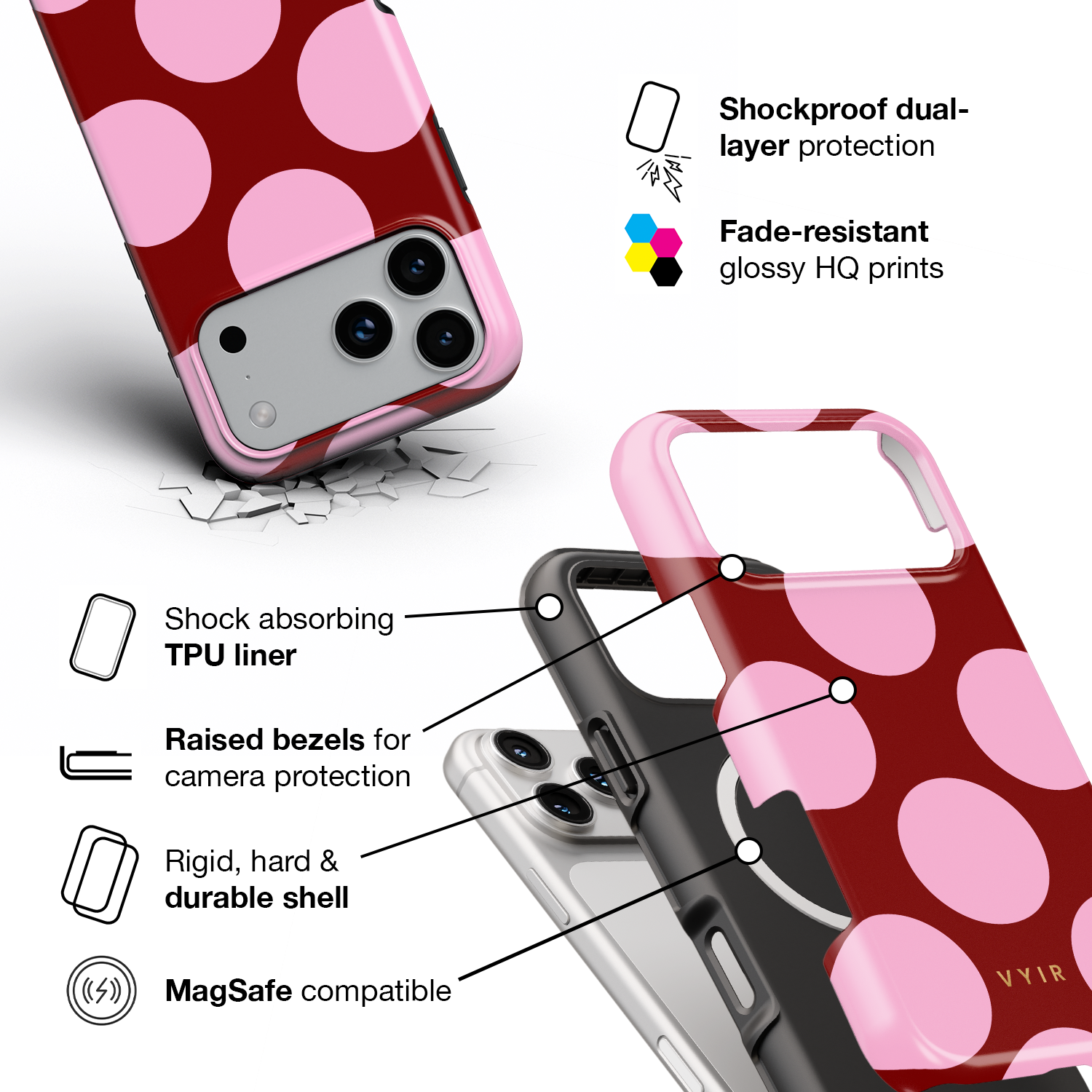 Large Polka Dots, Burgundy Pink - Shockproof MagSafe iPhone Case - VYIR