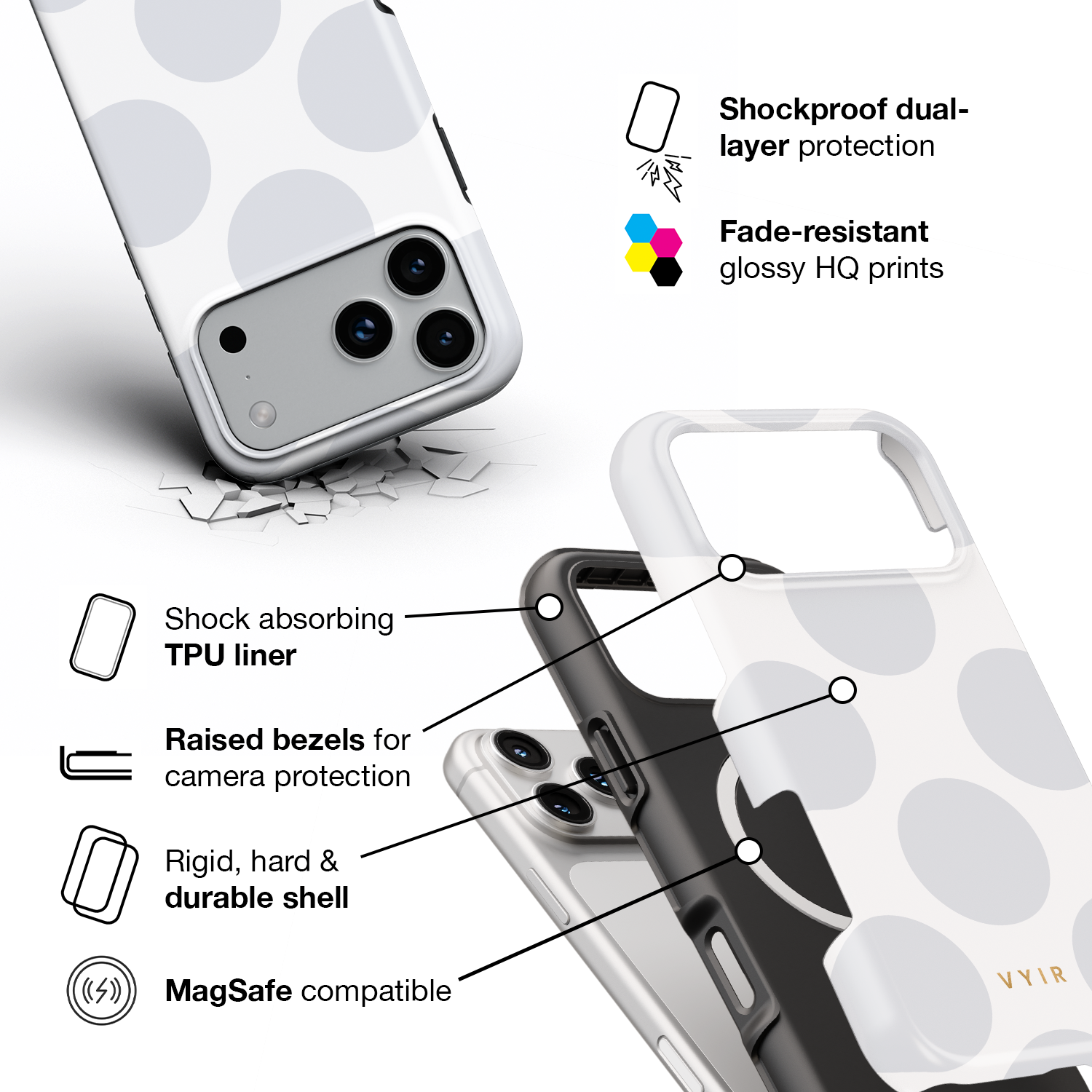 Large Polka Dots, Cloud Gray - Shockproof MagSafe iPhone Case - VYIR