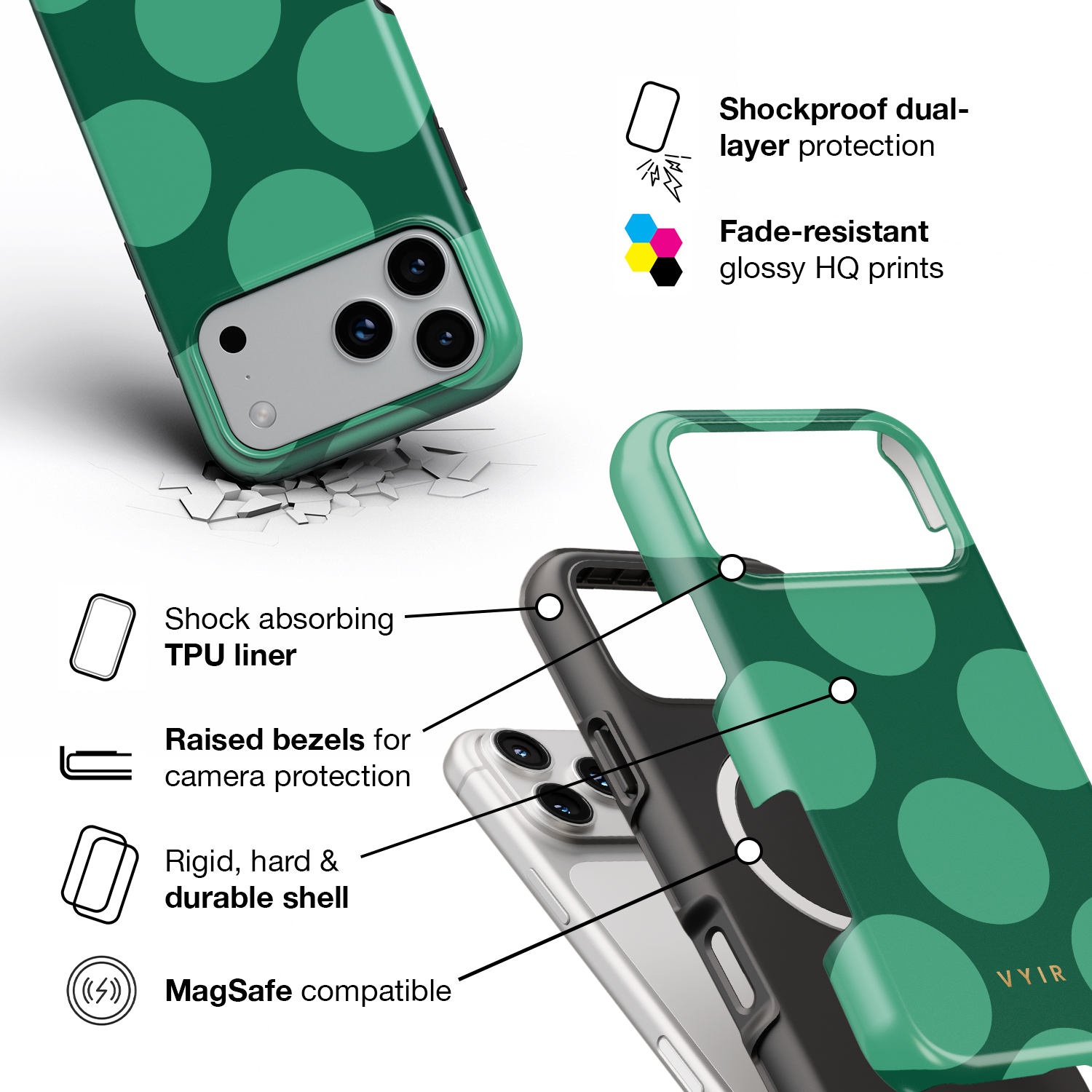 Large Polka Dots, Emerald Green - Shockproof MagSafe iPhone Case - VYIR