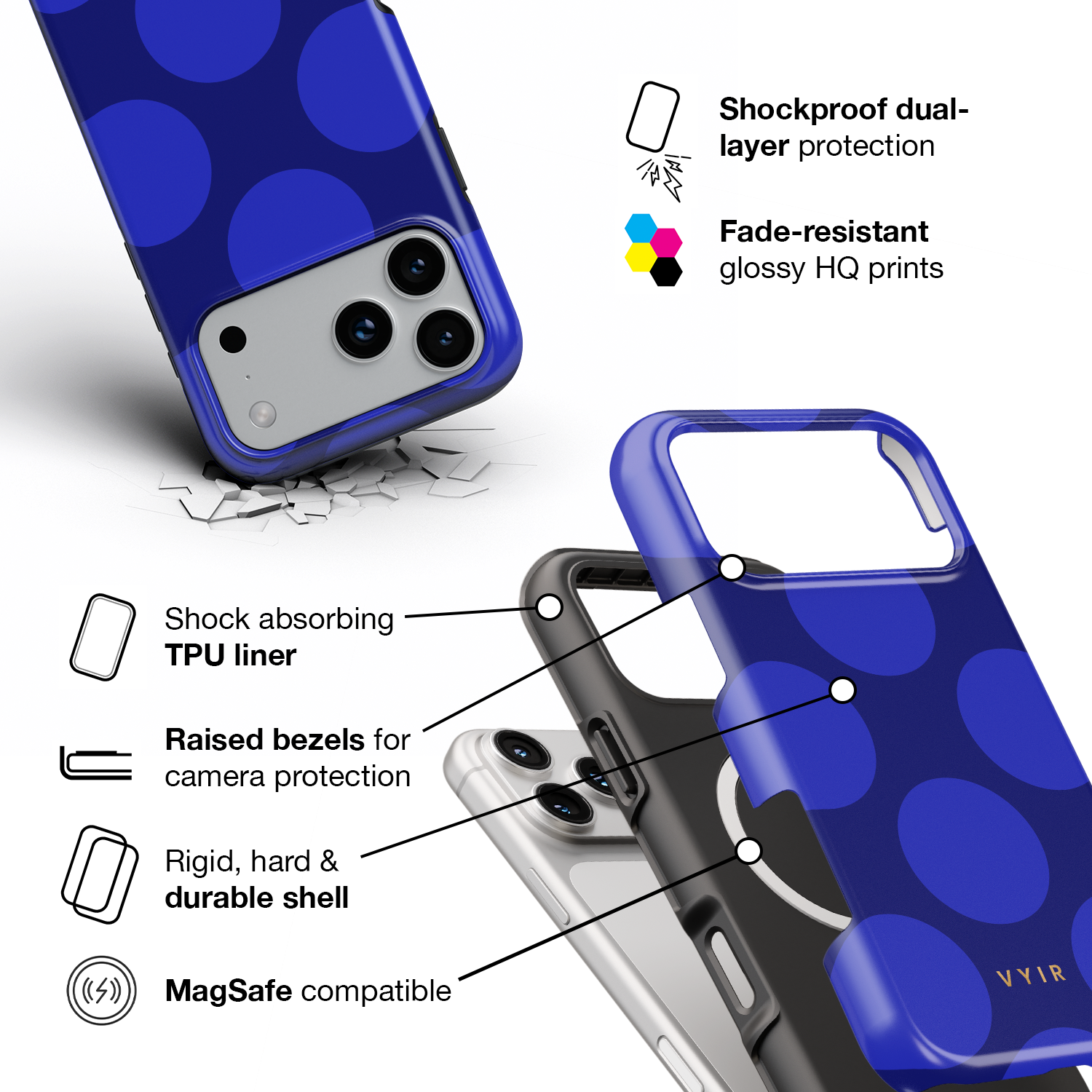Large Polka Dots, Indigo Blue - Shockproof MagSafe iPhone Case - VYIR