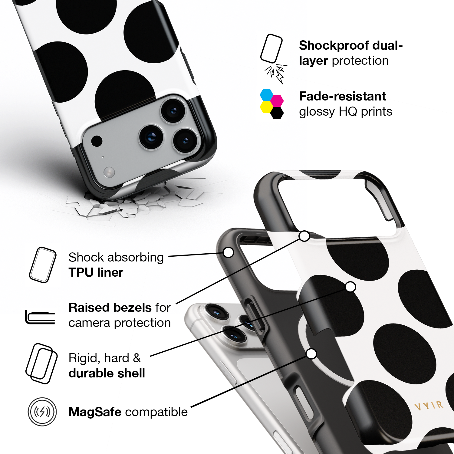 Large Polka Dots, Mono Black - Shockproof MagSafe iPhone Case - VYIR