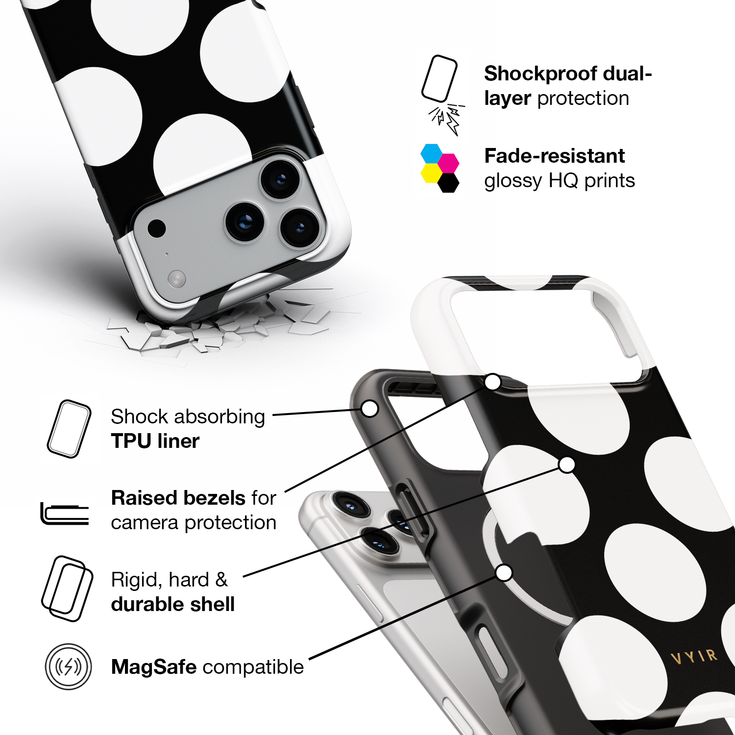 Large Polka Dots, Black Sparkle - Shockproof MagSafe iPhone Case - VYIR