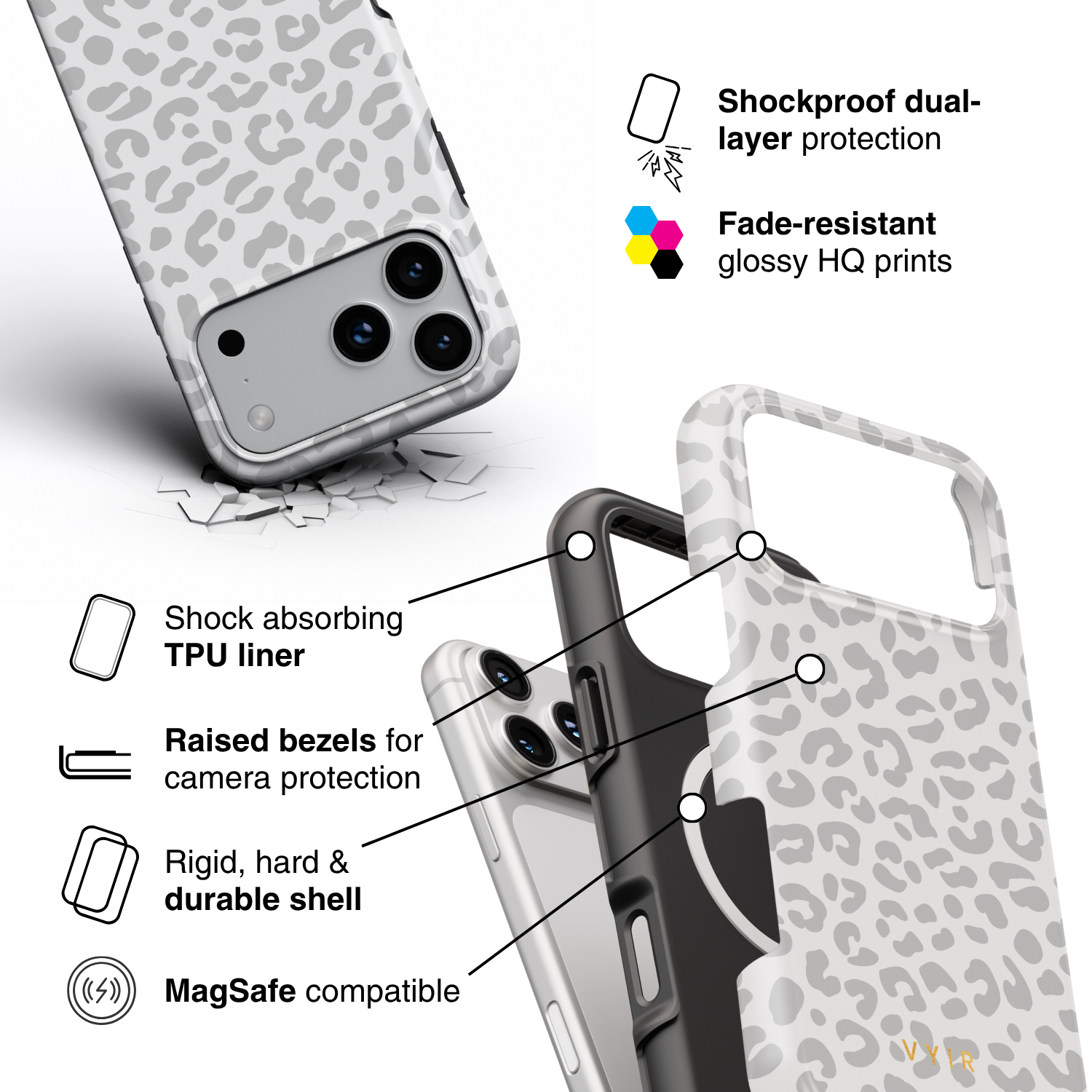 Leopard Elegance Grey - Shockproof MagSafe iPhone Case - VYIR