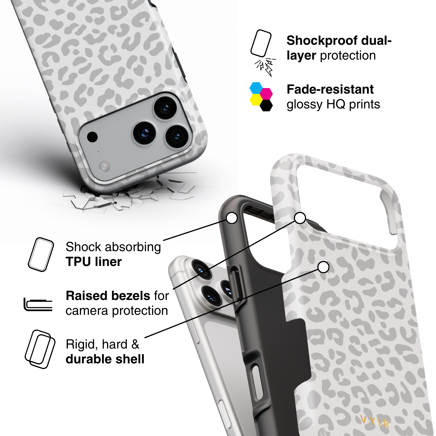 Leopard Elegance Grey - Shockproof Phone Case - VYIR