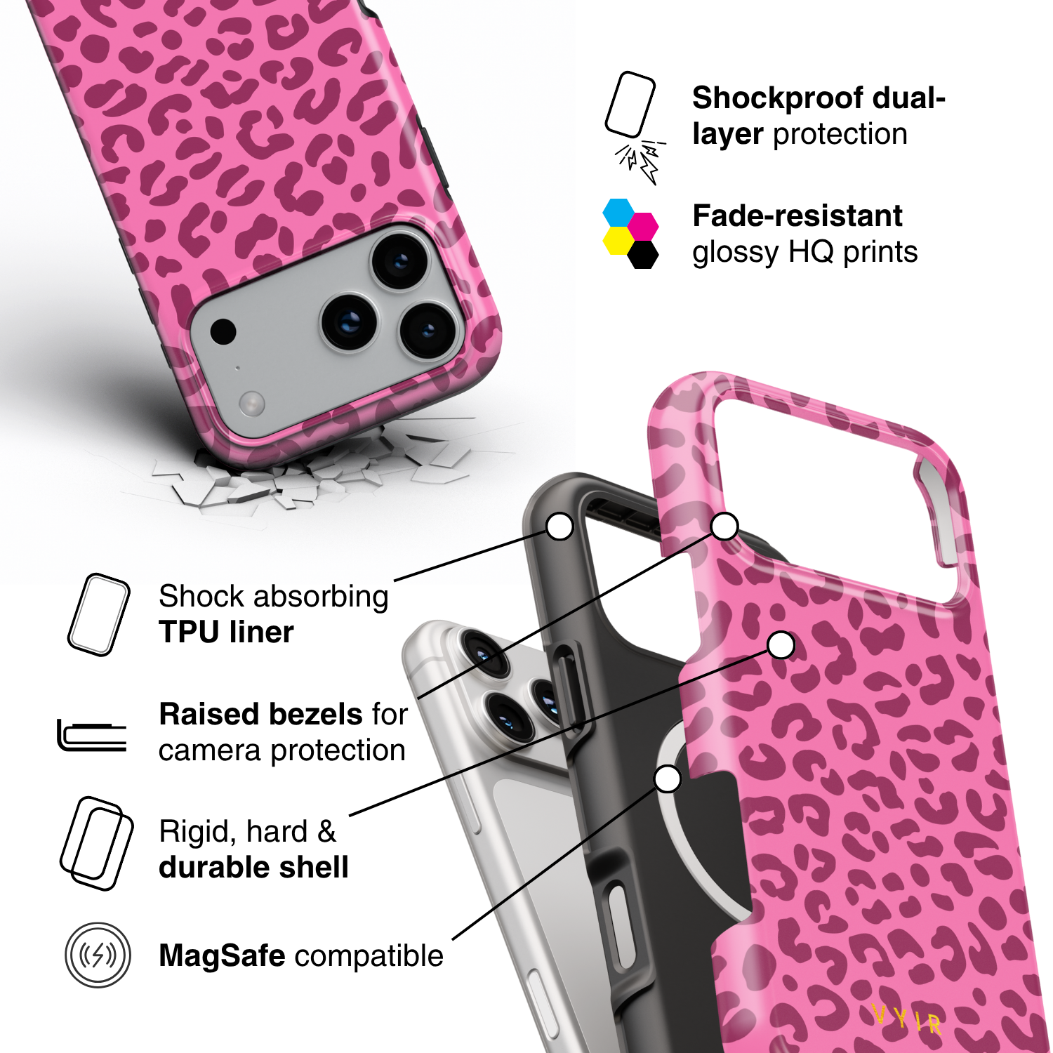 Leopard Elegance Pink - Shockproof MagSafe iPhone Case - VYIR