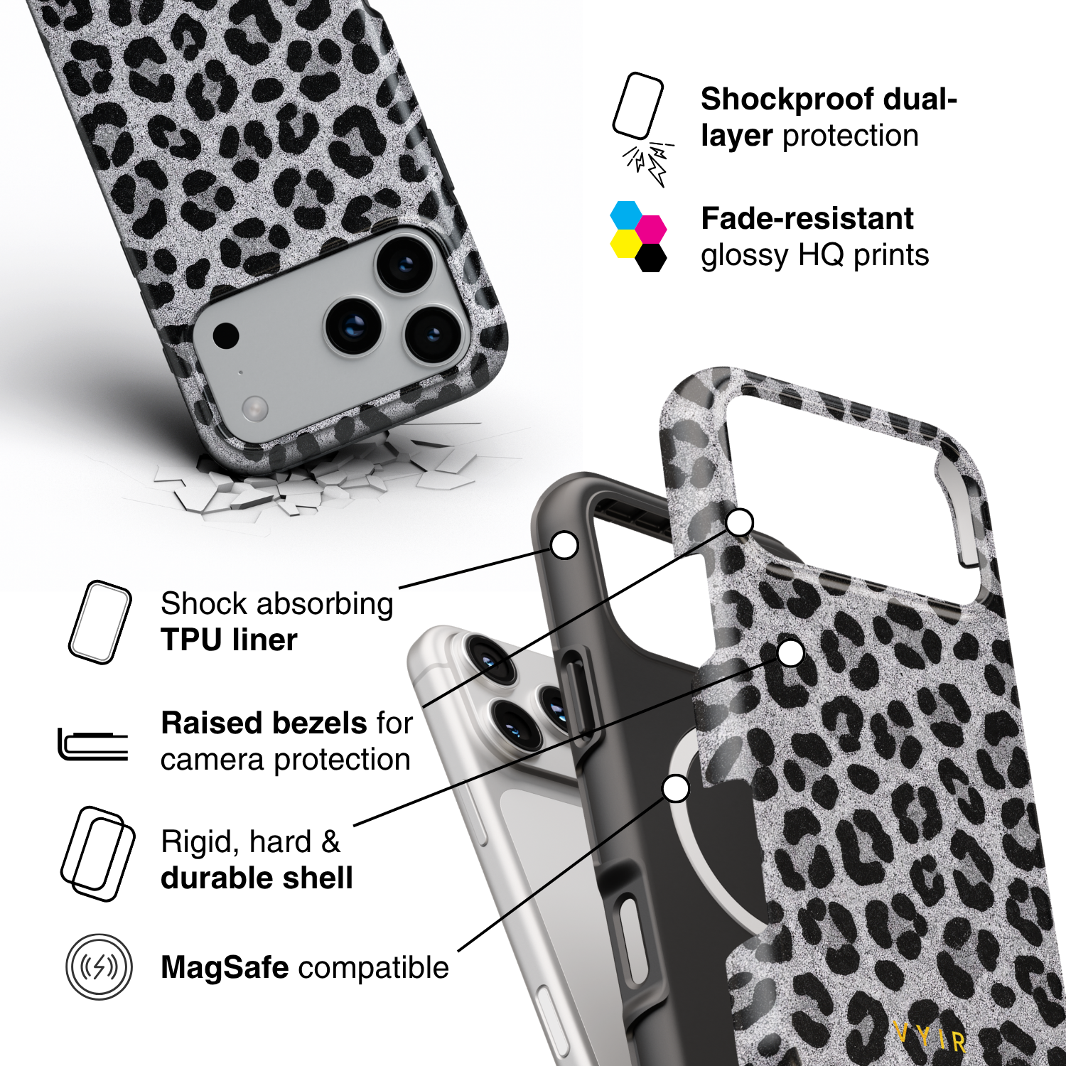 Luxe Leopard Silver - Shockproof MagSafe iPhone Case - VYIR