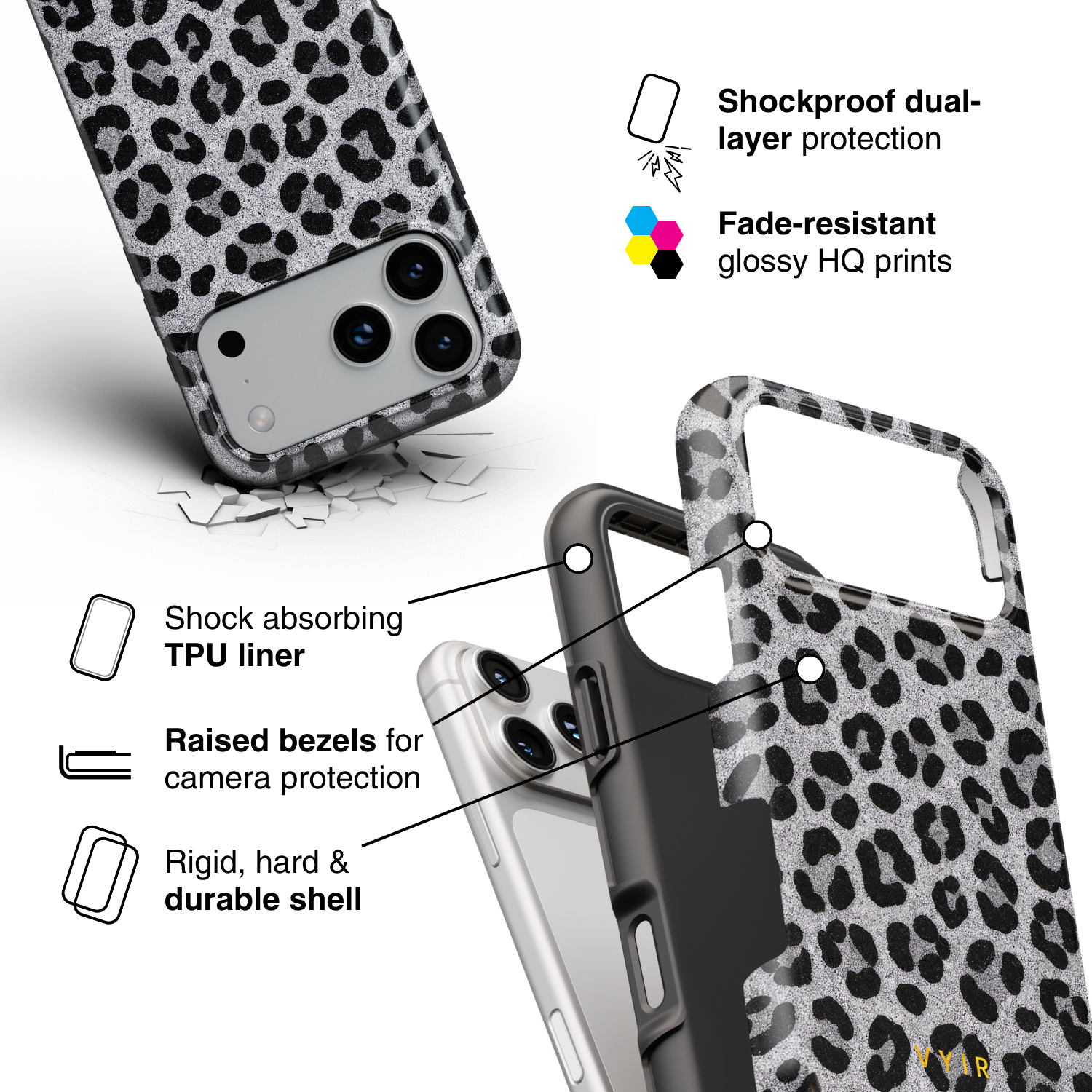 Luxe Leopard Silver - Shockproof Phone Case - VYIR