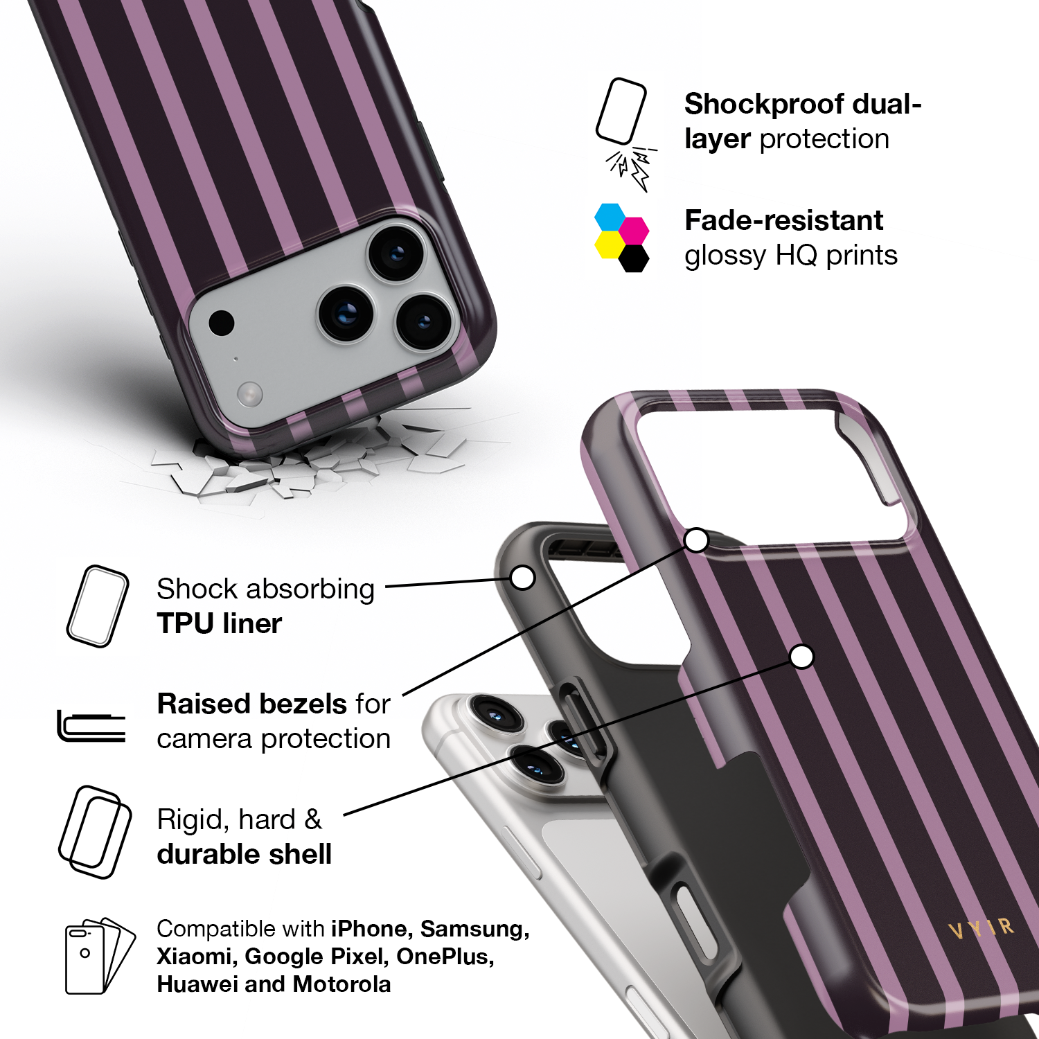 Luxe Stripes, Plum - Shockproof Phone Case - VYIR