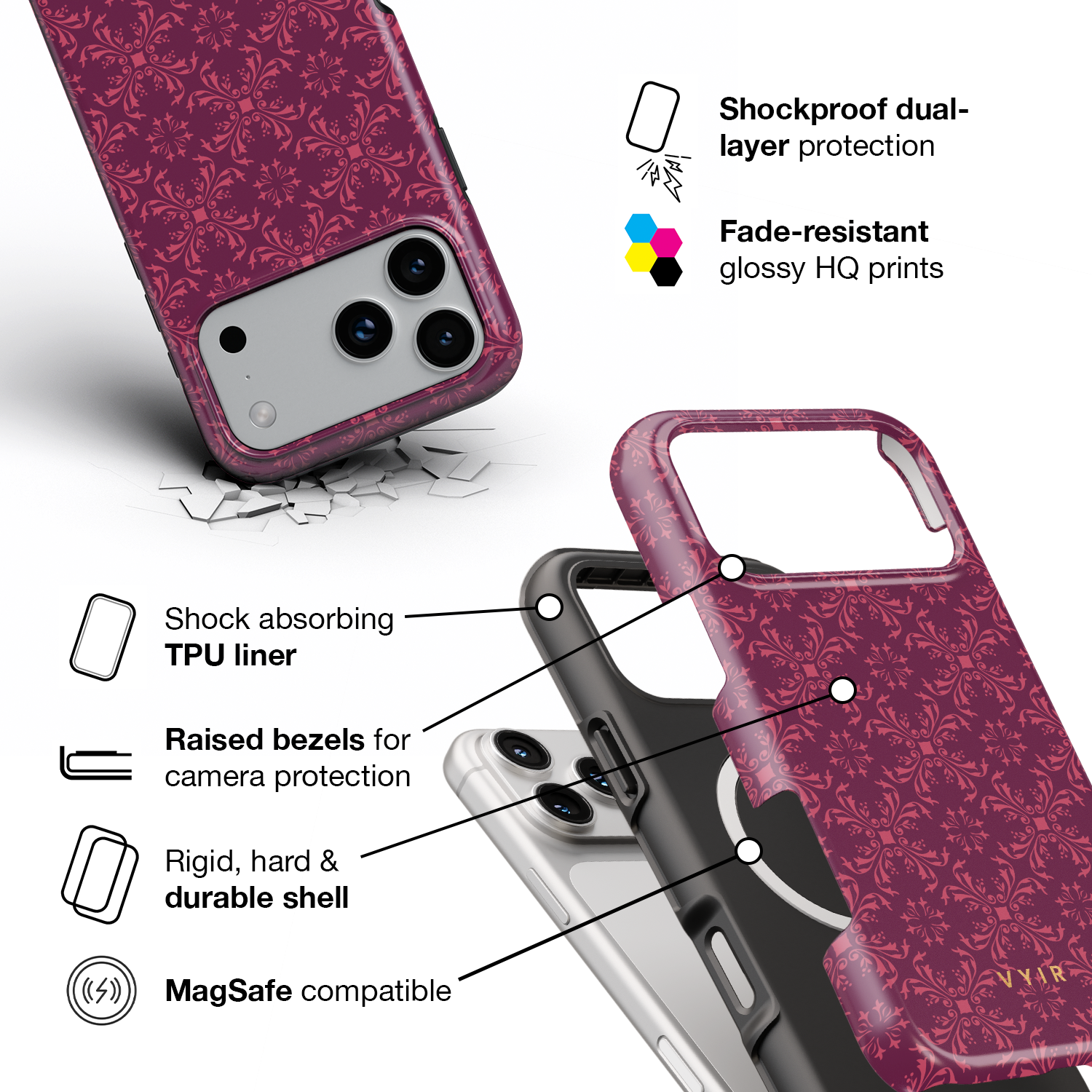 Ornate Bloom, Burgundy - Shockproof MagSafe iPhone Case - VYIR
