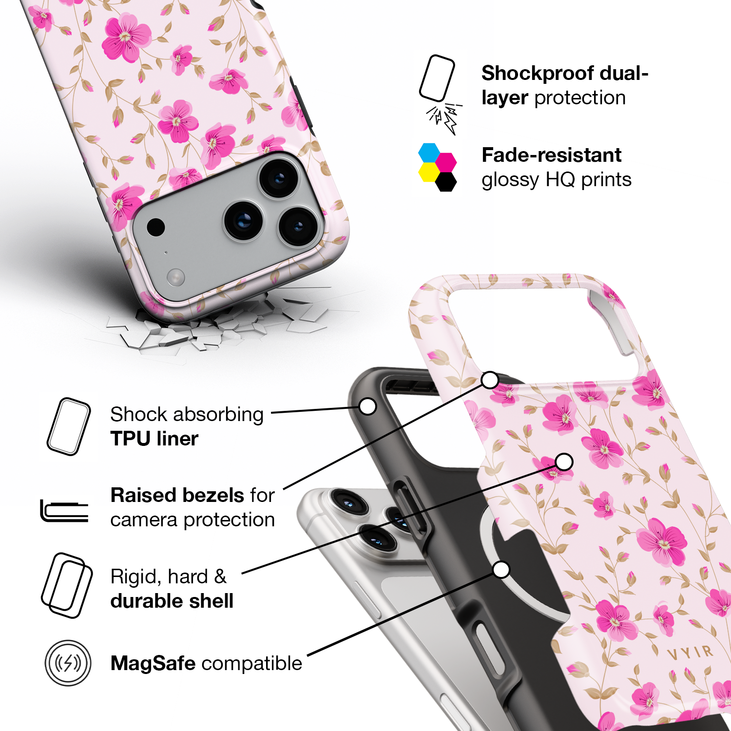 Pink Meadow Touch - Shockproof MagSafe iPhone Case - VYIR