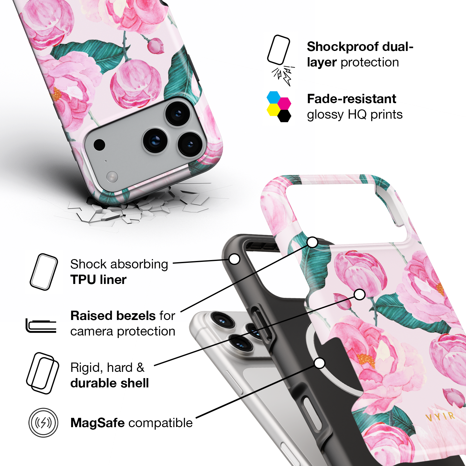 Rosy Peony Flourish - Shockproof MagSafe iPhone Case - VYIR