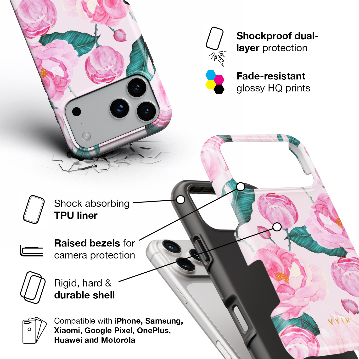 Rosy Peony Flourish - Shockproof Phone Case - VYIR