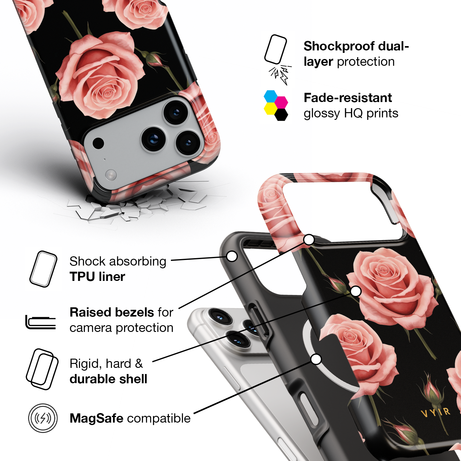 Soft Rose Elegance - Shockproof MagSafe iPhone Case - VYIR