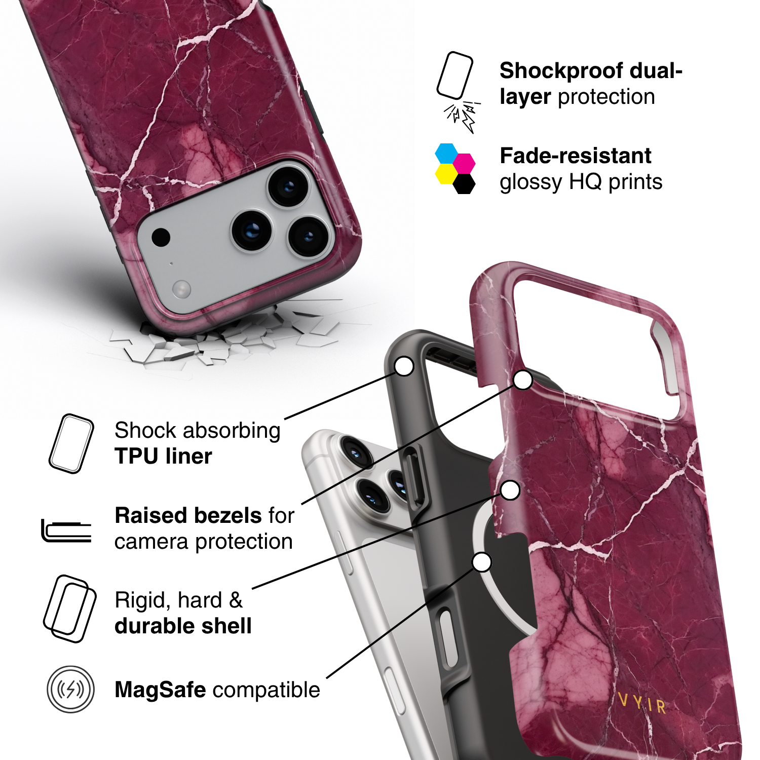 Pure Marble Burgundy - Shockproof MagSafe iPhone Case - VYIR