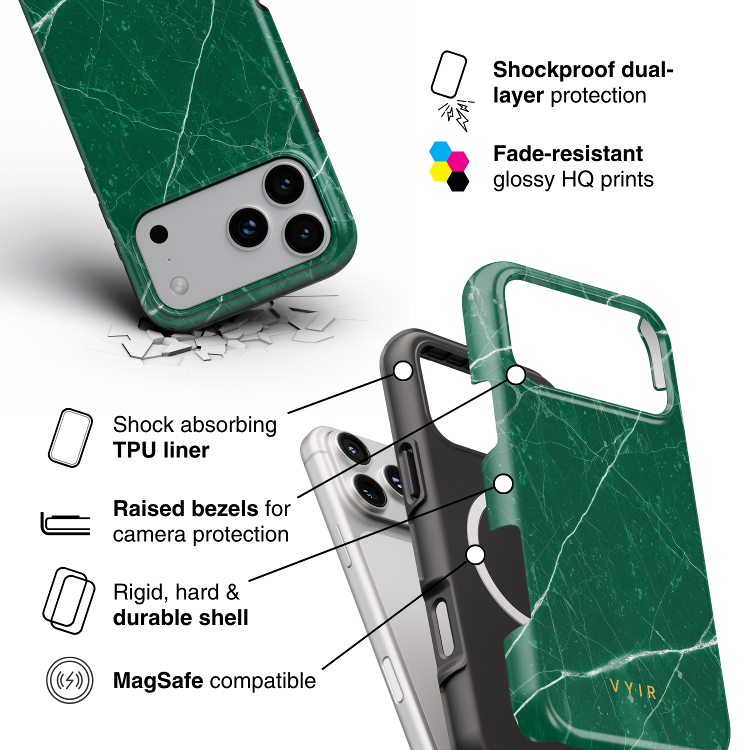 Pure Marble Green - Shockproof MagSafe iPhone Case - VYIR