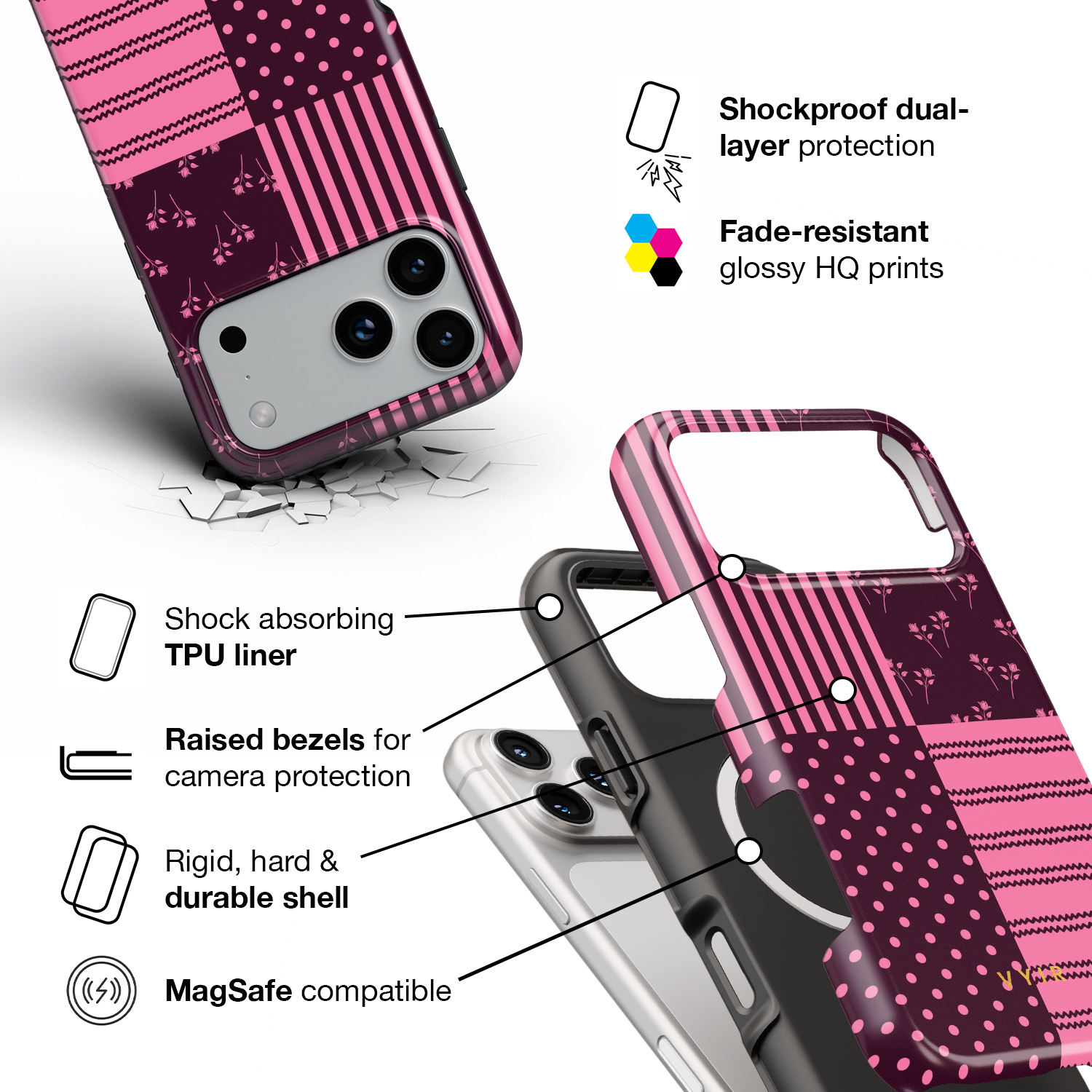 VYIR Signature 4-Checker, Burgundy - Shockproof MagSafe iPhone Case - VYIR