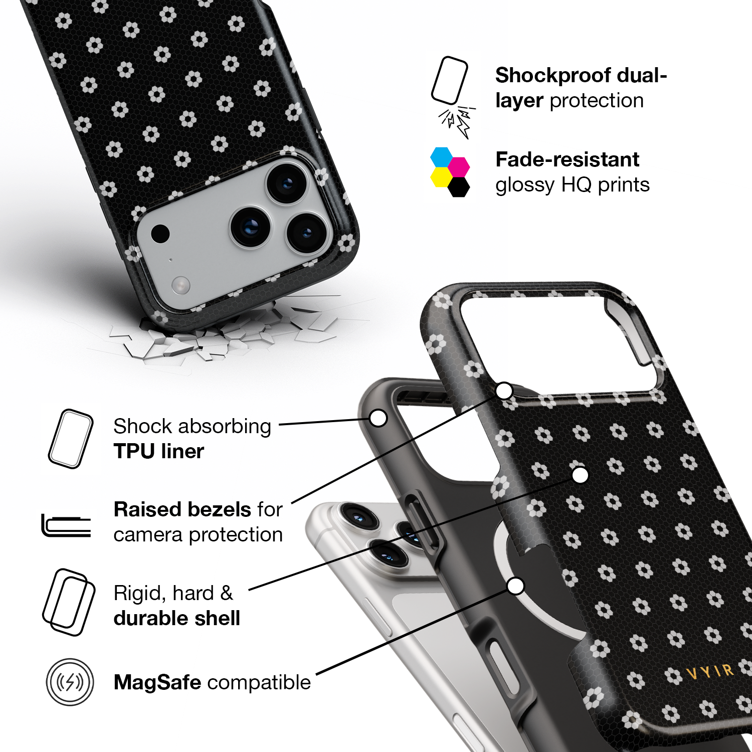 VYIR Signature Flowers, Dark Grey - Shockproof MagSafe iPhone Case - VYIR