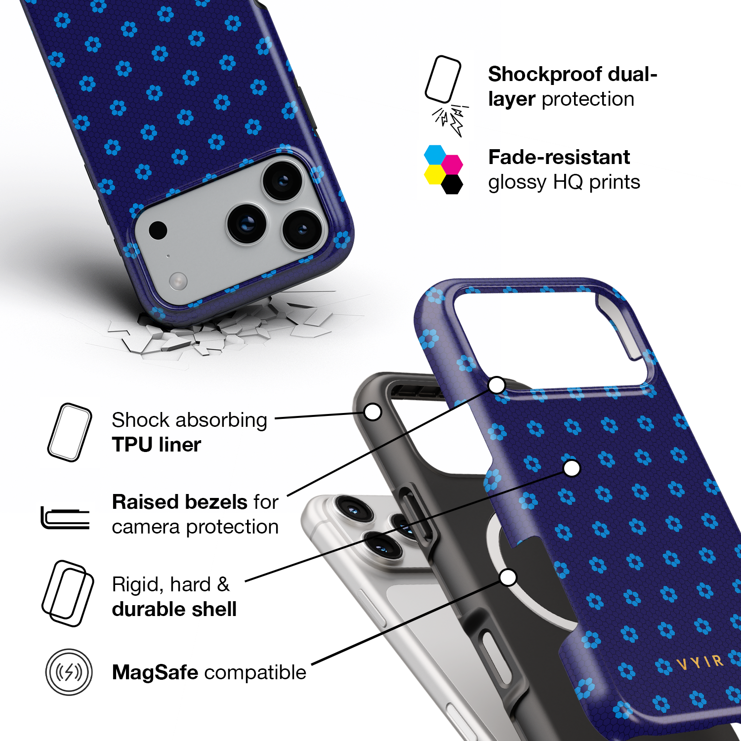 VYIR Signature Flowers, Blue - Shockproof MagSafe iPhone Case - VYIR