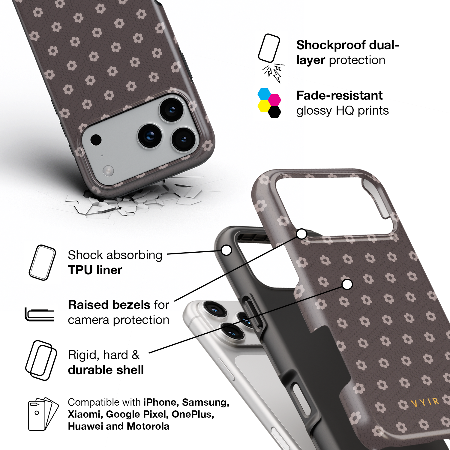 VYIR Signature Flowers, Taupe - Shockproof Phone Case - VYIR