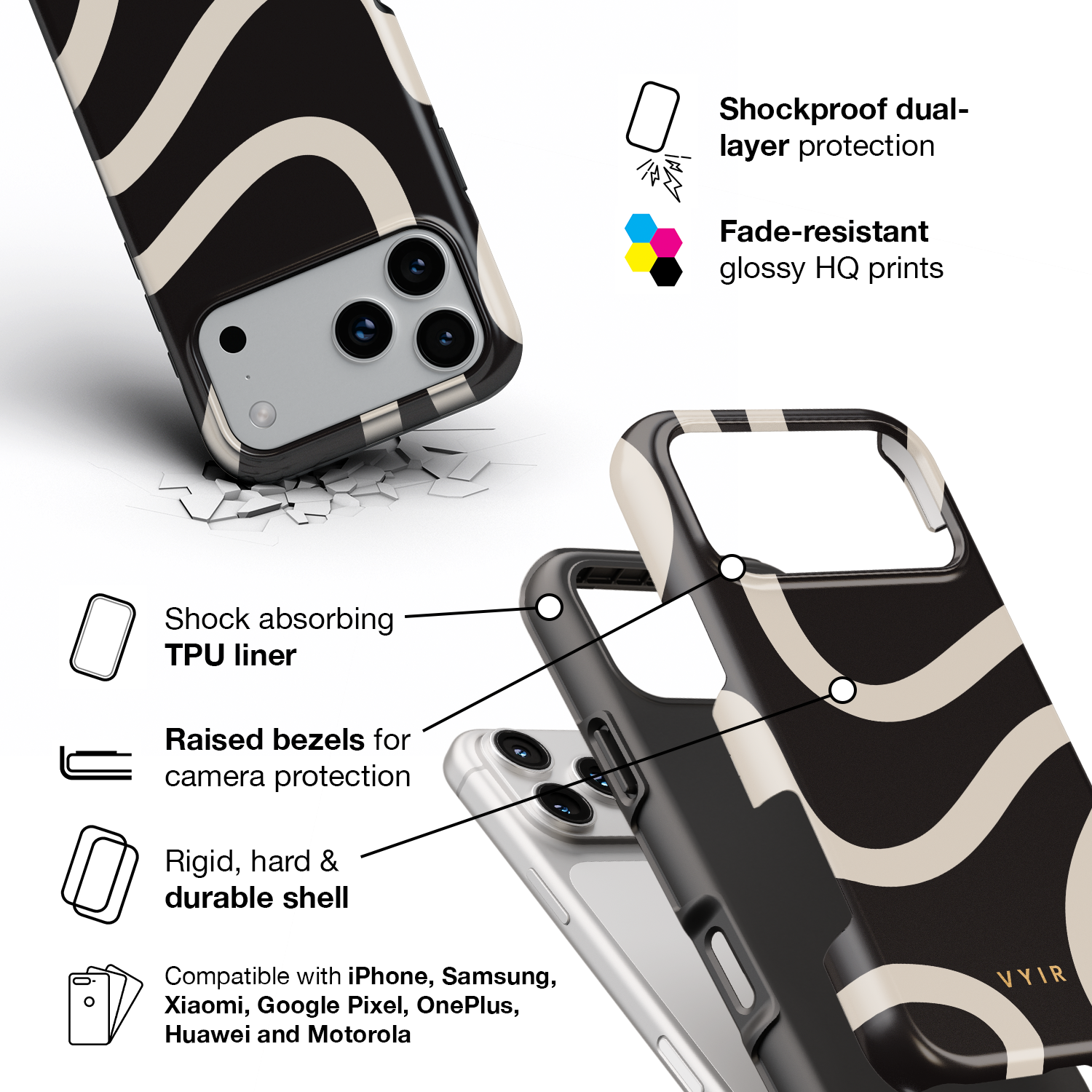 Swirl Lines, Black and Beige - Shockproof Phone Case - VYIR