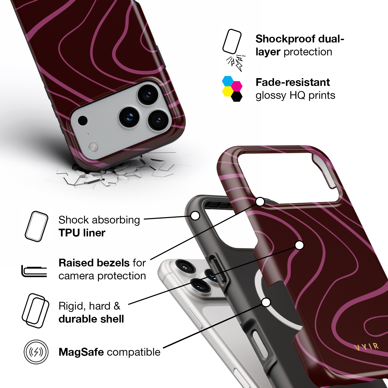 Swirl Lines, Burgundy - Shockproof MagSafe iPhone Case - VYIR