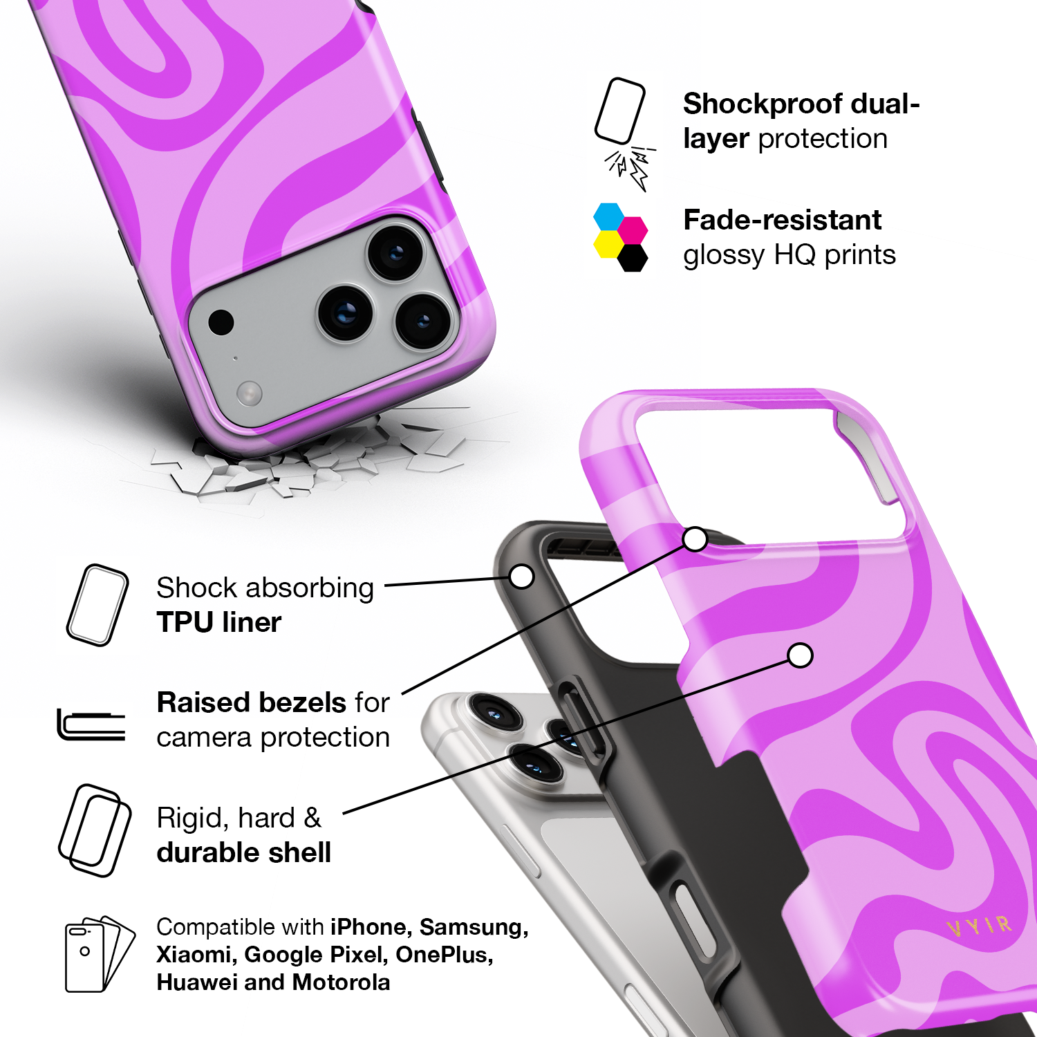 Swirl Lines, Light Pink - Shockproof Phone Case - VYIR