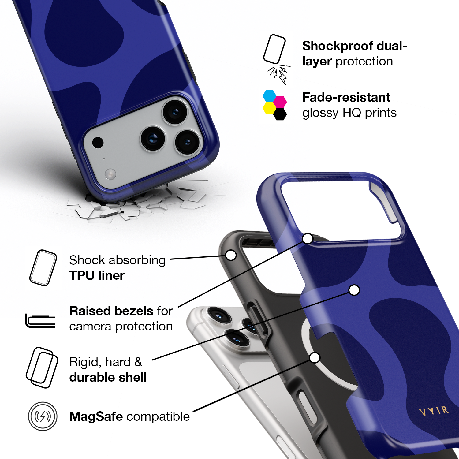 Swirl Lines, Navy Blue - Shockproof MagSafe iPhone Case - VYIR