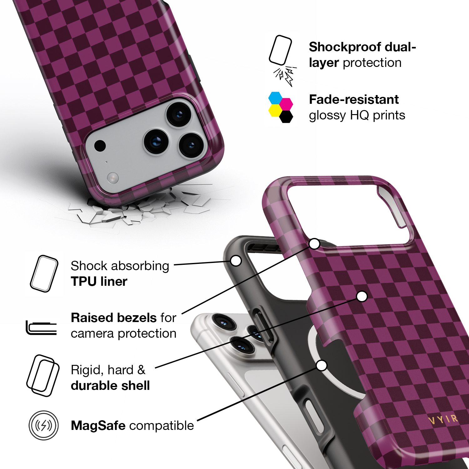 Tiny Checker, Burgundy - Shockproof MagSafe iPhone Case - VYIR