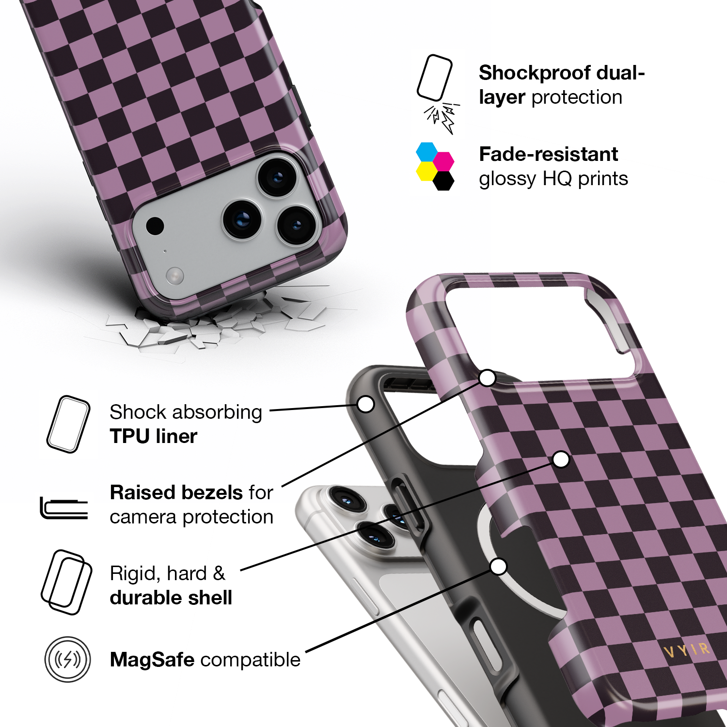 Tiny Checker, Plum - Shockproof MagSafe iPhone Case - VYIR