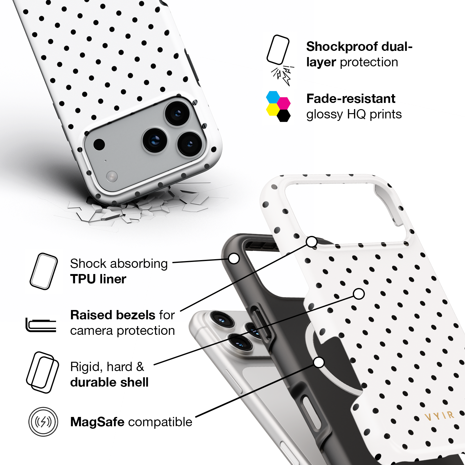 Tiny Polka Dots, Black and White - Shockproof MagSafe iPhone Case - VYIR