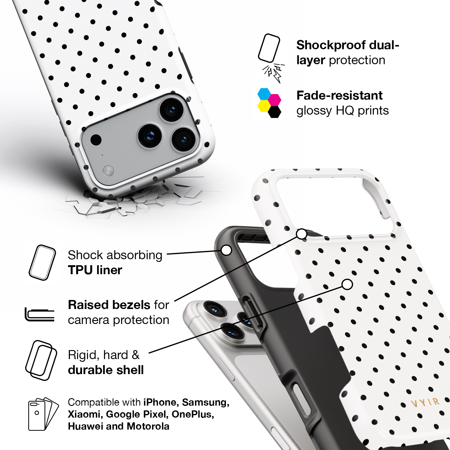 Tiny Polka Dots, Black and White - Shockproof Phone Case - VYIR