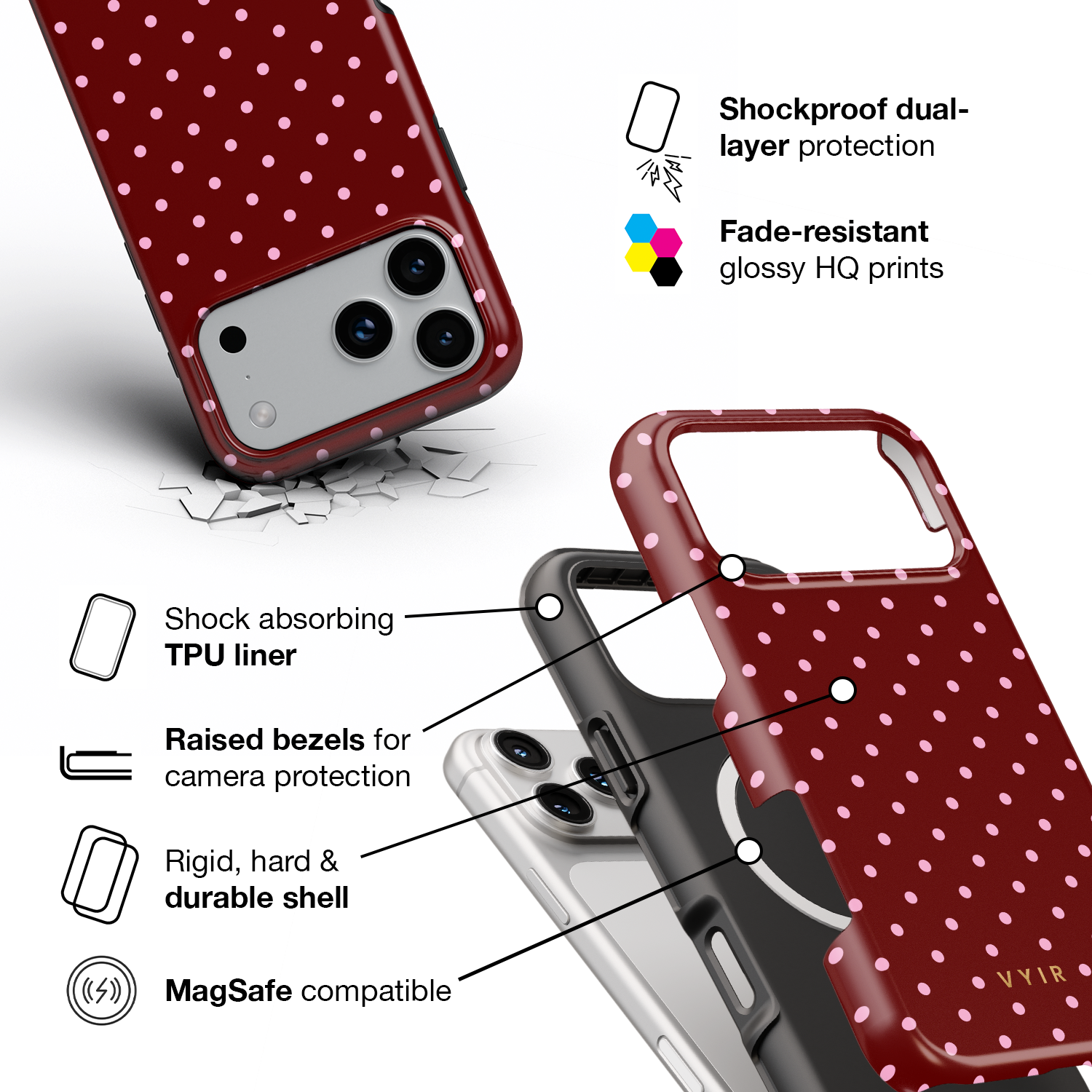 Tiny Polka Dots, Burgundy - Shockproof MagSafe iPhone Case - VYIR