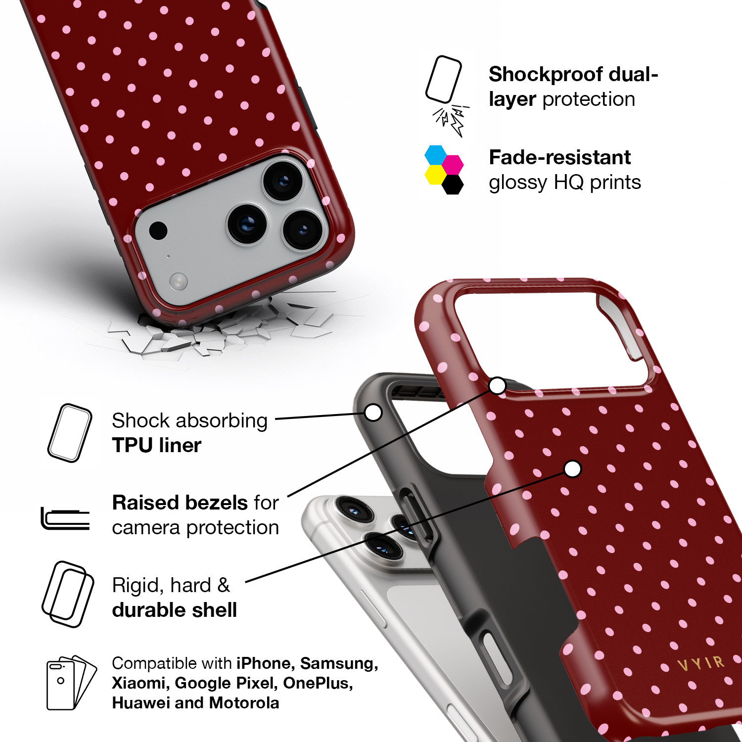 Tiny Polka Dots, Burgundy - Shockproof Phone Case - VYIR