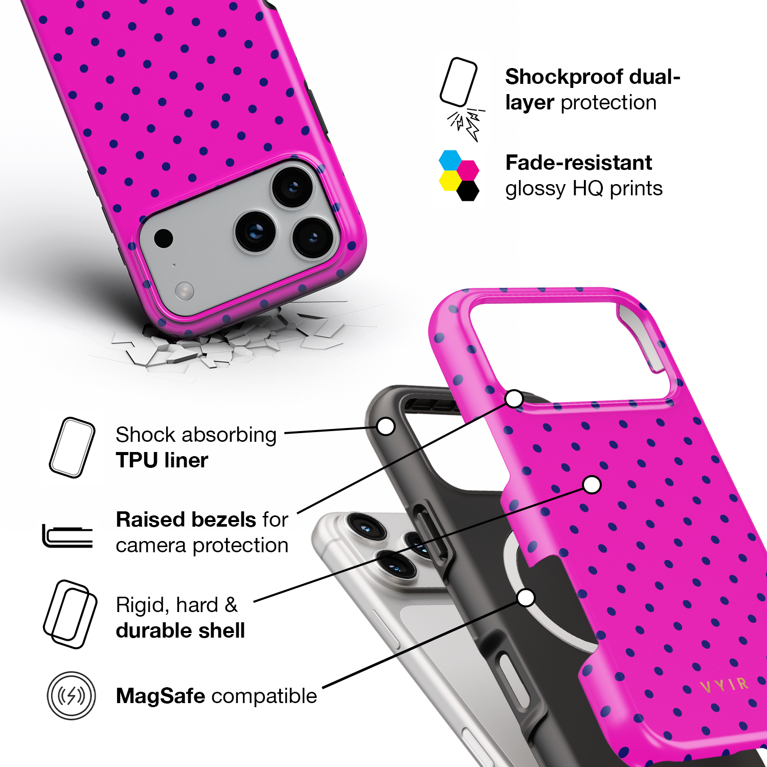 Tiny Polka Dots, Deep Pink - Shockproof MagSafe iPhone Case - VYIR