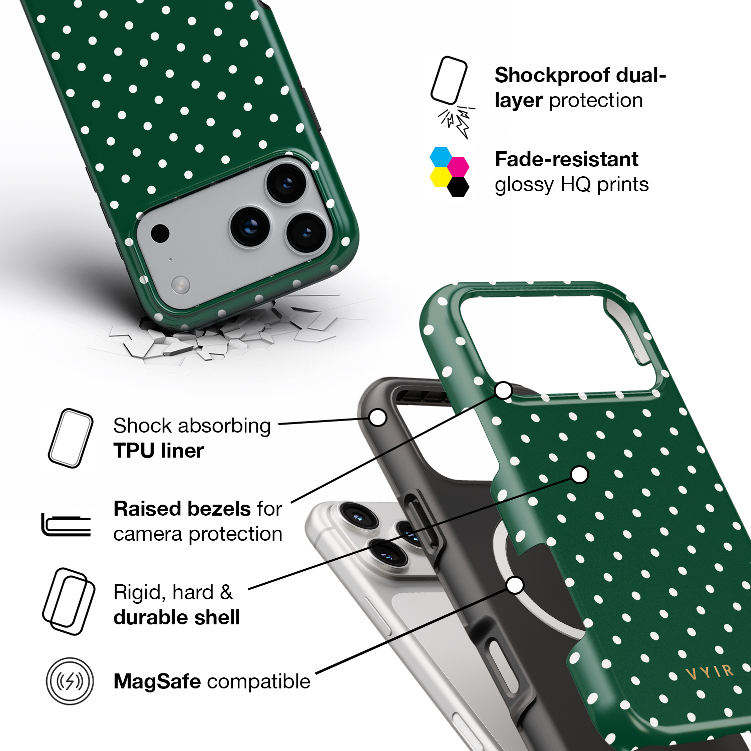 Tiny Polka Dots, Forest Green - Shockproof MagSafe iPhone Case - VYIR