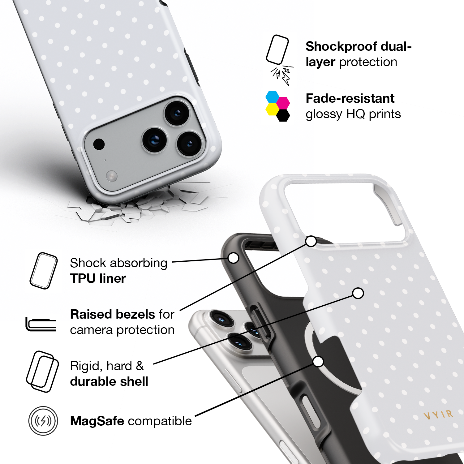 Tiny Polka Dots, Pearl White - Shockproof MagSafe iPhone Case - VYIR