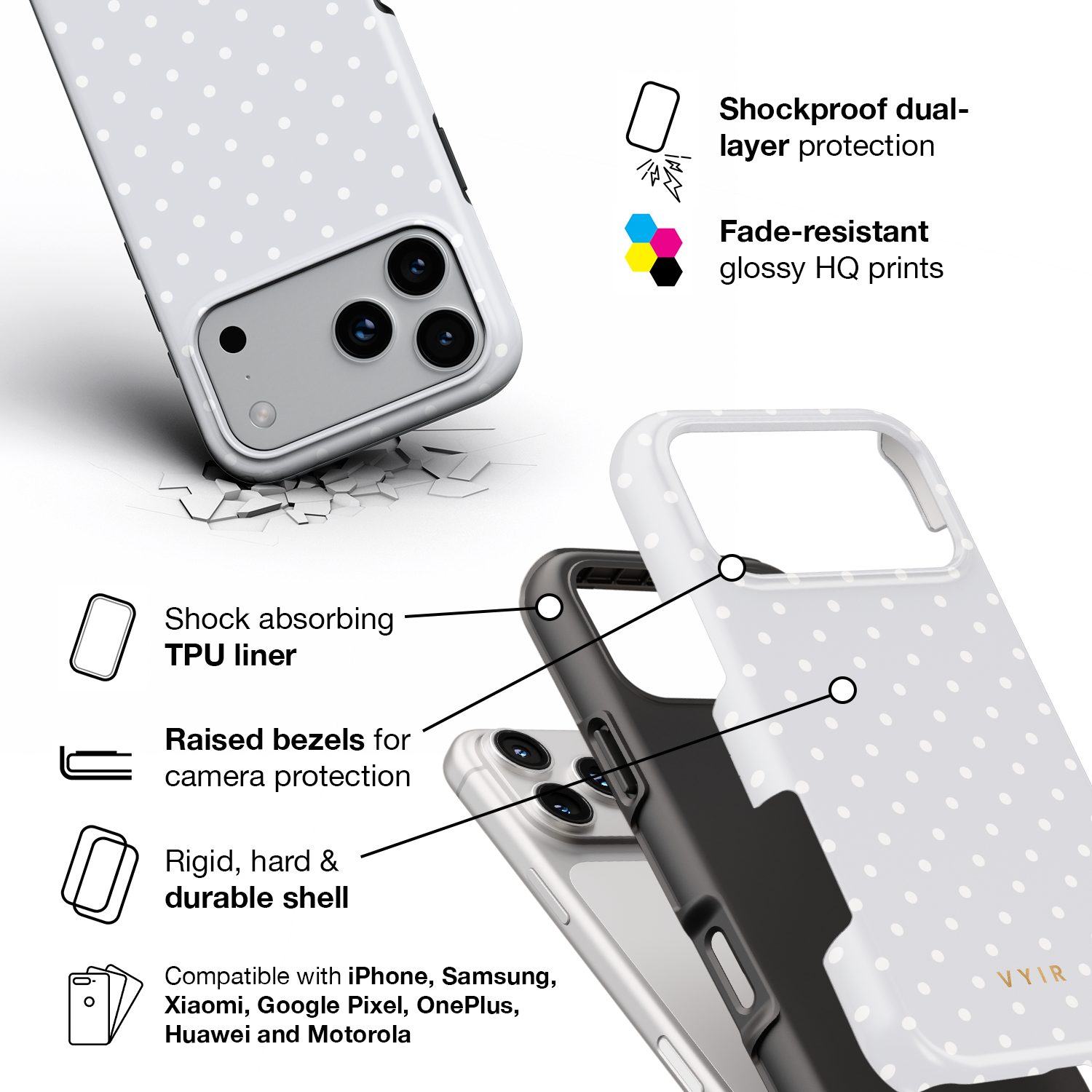 Tiny Polka Dots, Pearl White - Shockproof Phone Case - VYIR