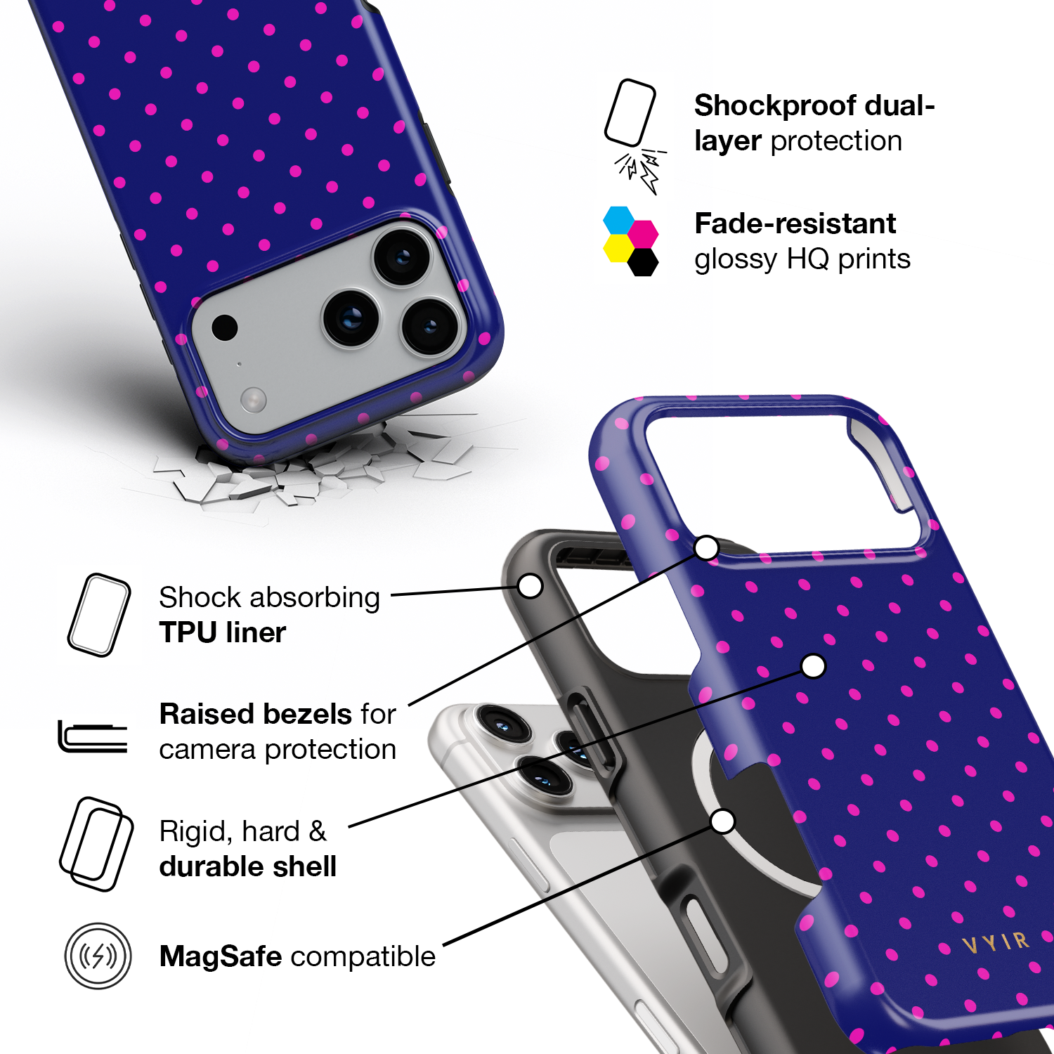 Tiny Polka Dots, Midnight Pink - Shockproof MagSafe iPhone Case - VYIR