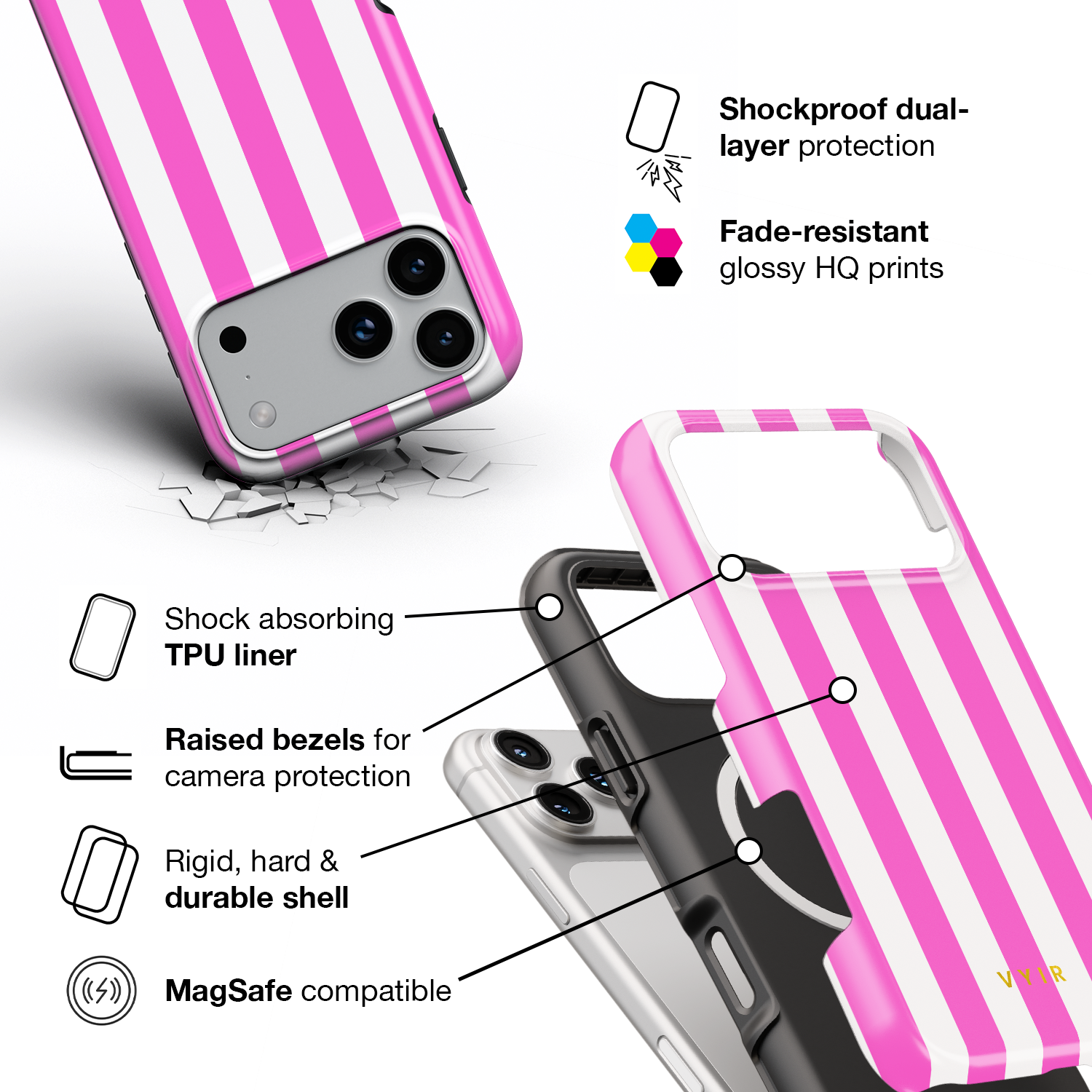 Vertical Stripes, Fashion Pink - Shockproof MagSafe iPhone Case - VYIR