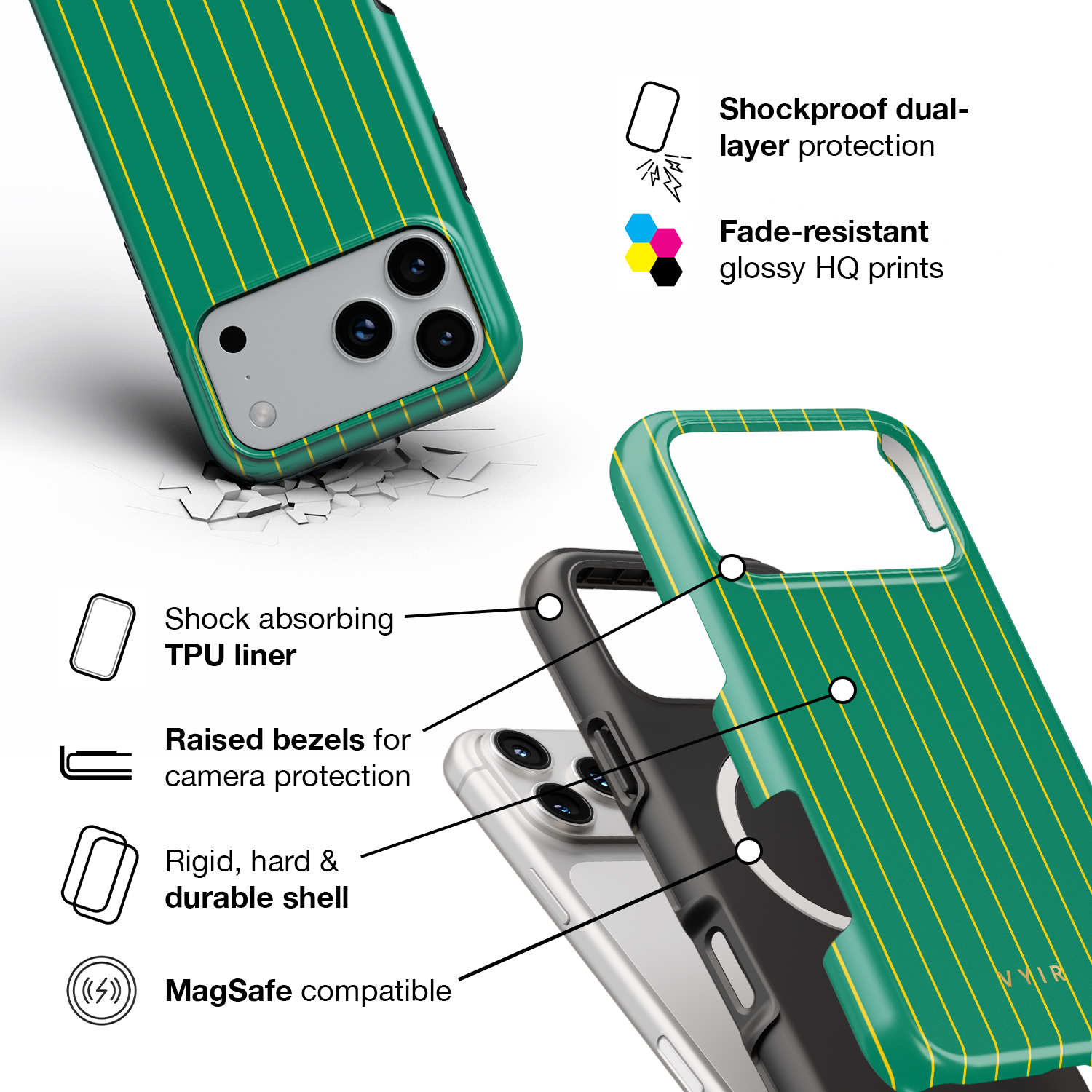 Vertical Stripes, Goldline Green - Shockproof MagSafe iPhone Case - VYIR