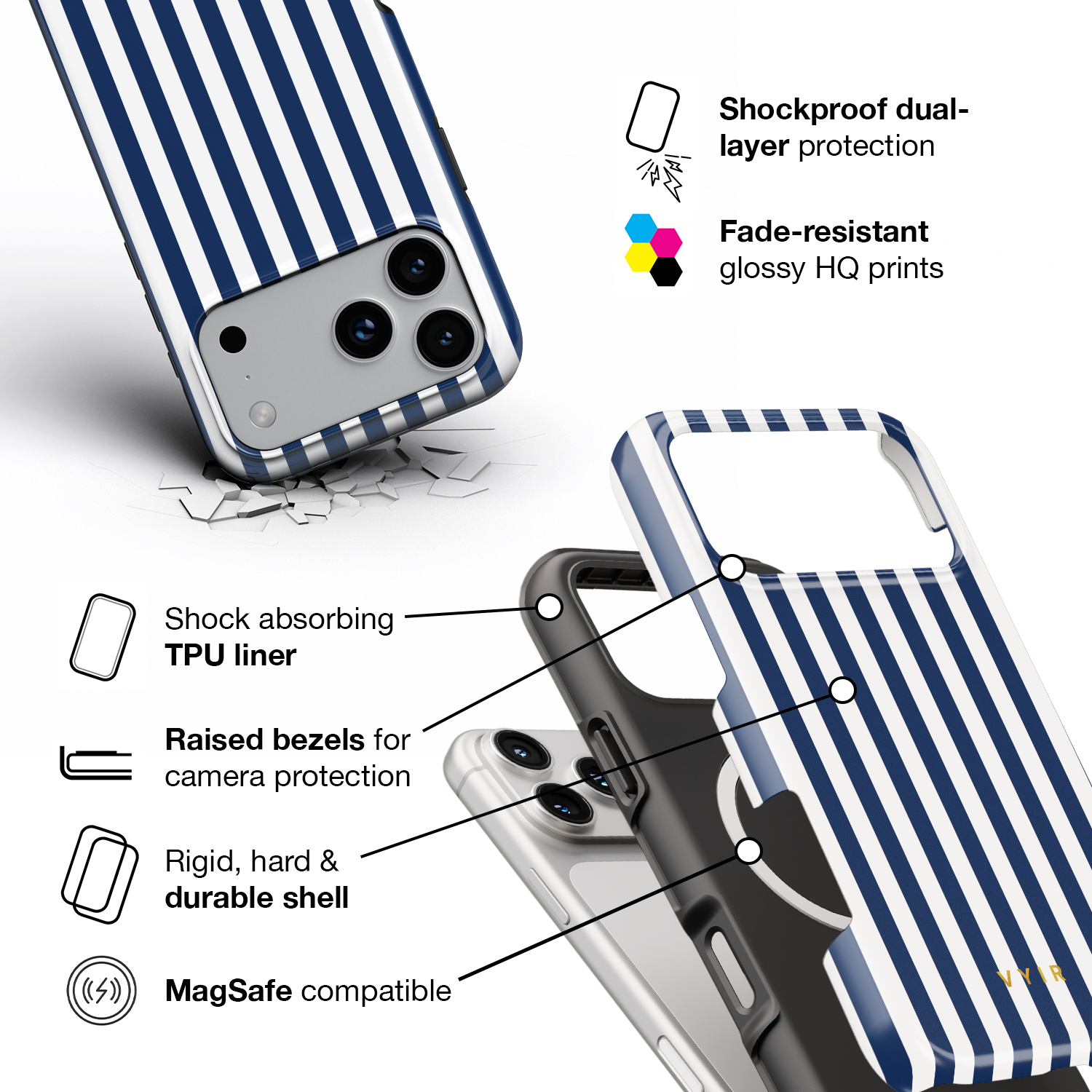 Vertical Stripes, Old Money Blue - Shockproof MagSafe iPhone Case - VYIR