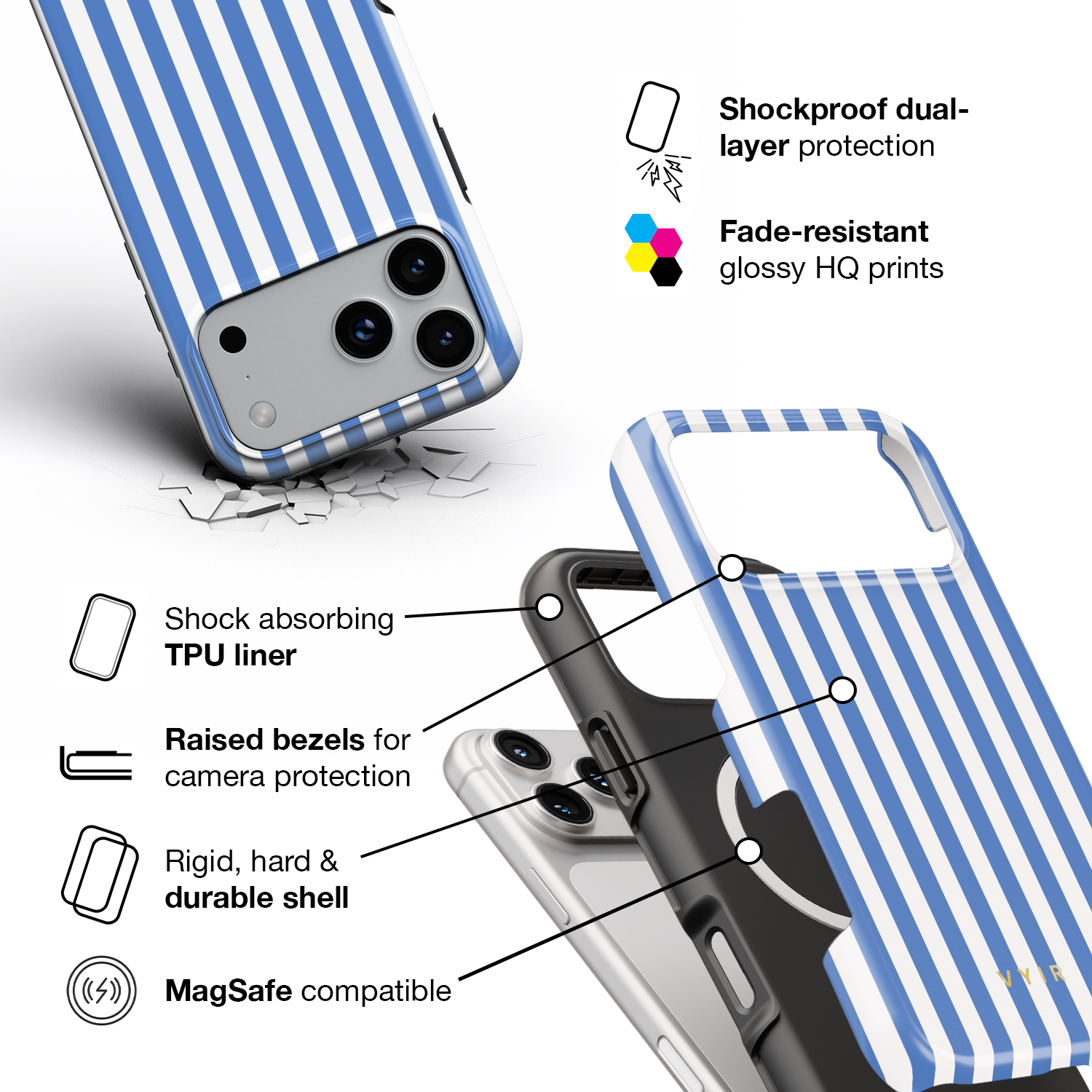 Vertical Stripes, Parisian Blue - Shockproof MagSafe iPhone Case - VYIR
