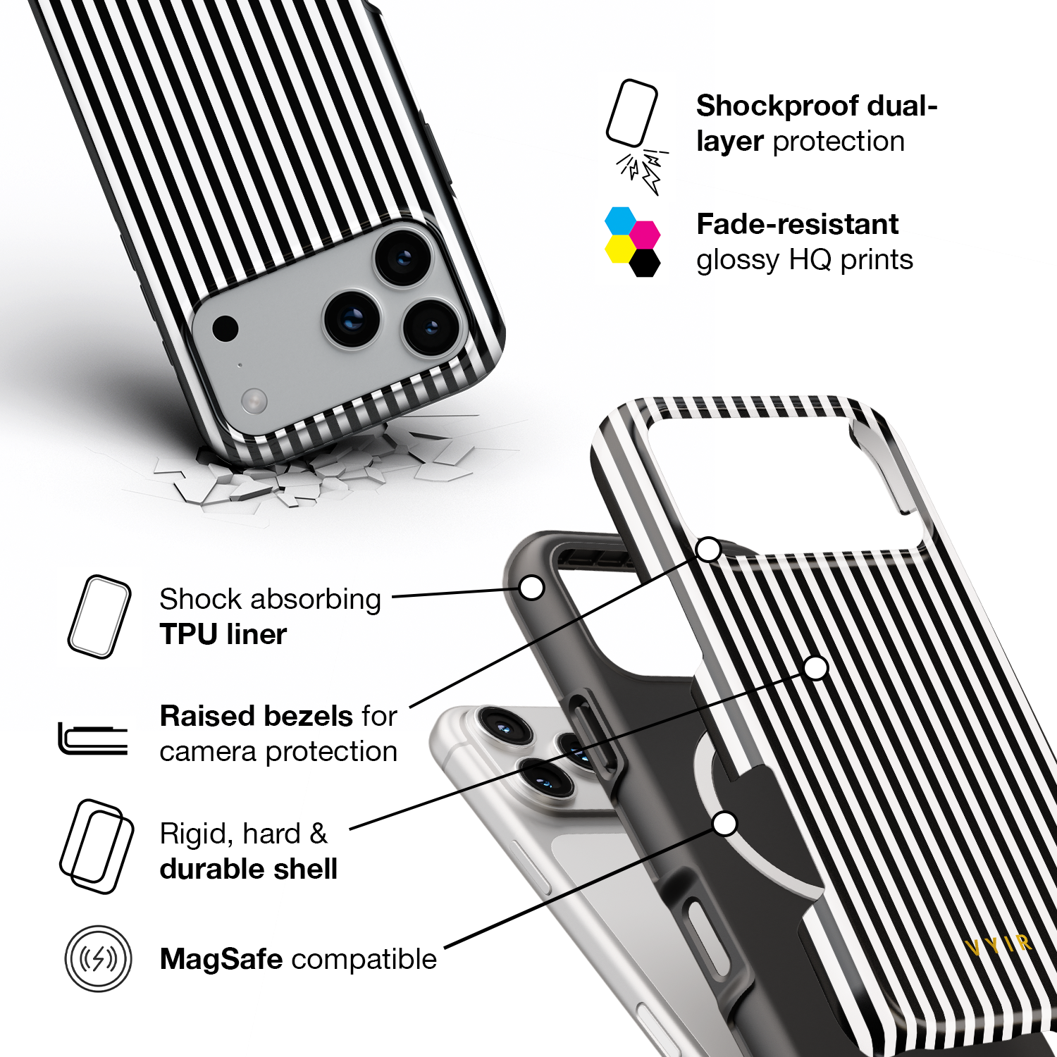 Vertical Stripes, Pinstripe Black and White - Shockproof MagSafe iPhone Case - VYIR