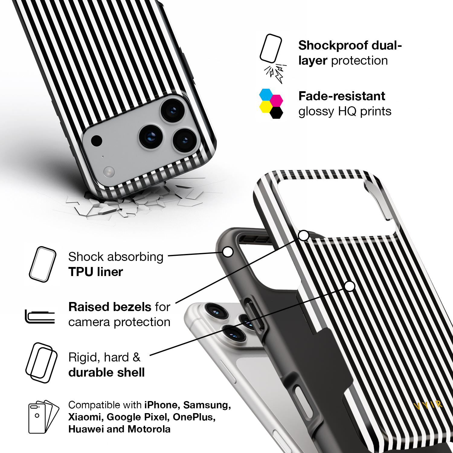 Vertical Stripes, Pinstripe Black and White - Shockproof Phone Case - VYIR