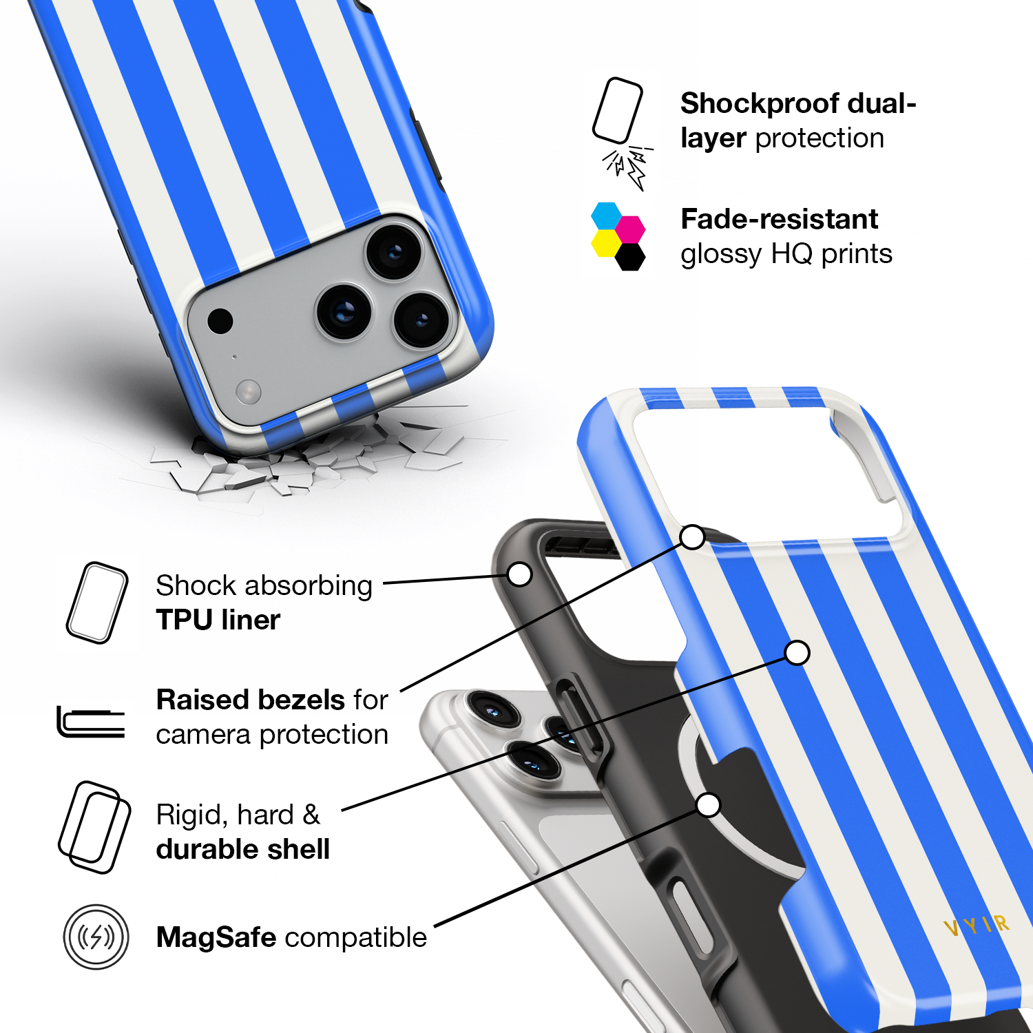 Vertical Stripes, Riviera Blue - Shockproof MagSafe iPhone Case - VYIR