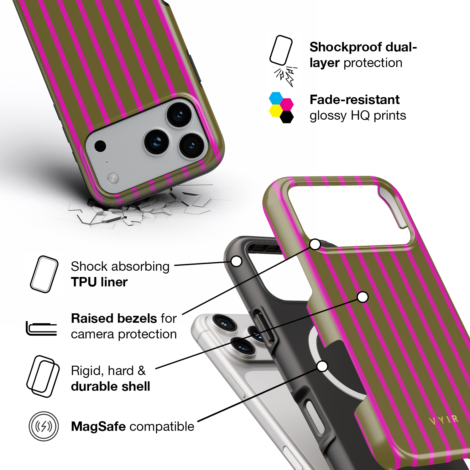 Vertical Stripes, Urban Olive - Shockproof MagSafe iPhone Case - VYIR