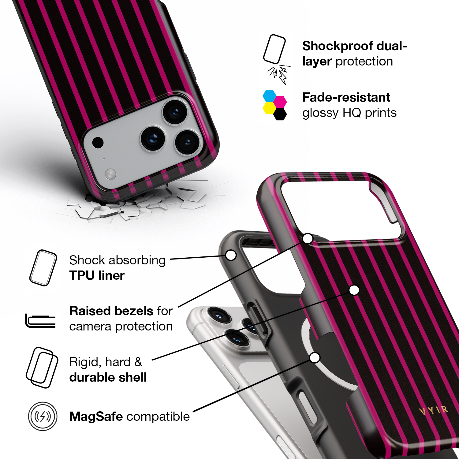 Vertical Stripes, Wine Red - Shockproof MagSafe iPhone Case - VYIR